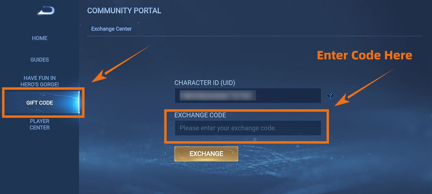 Selecting the Gift Code option within the Community tab