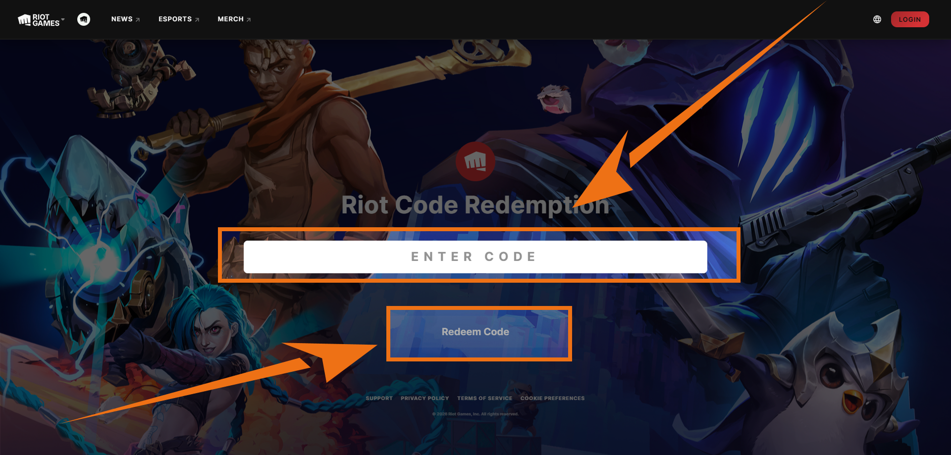 Official Riot Games code redemption website interface