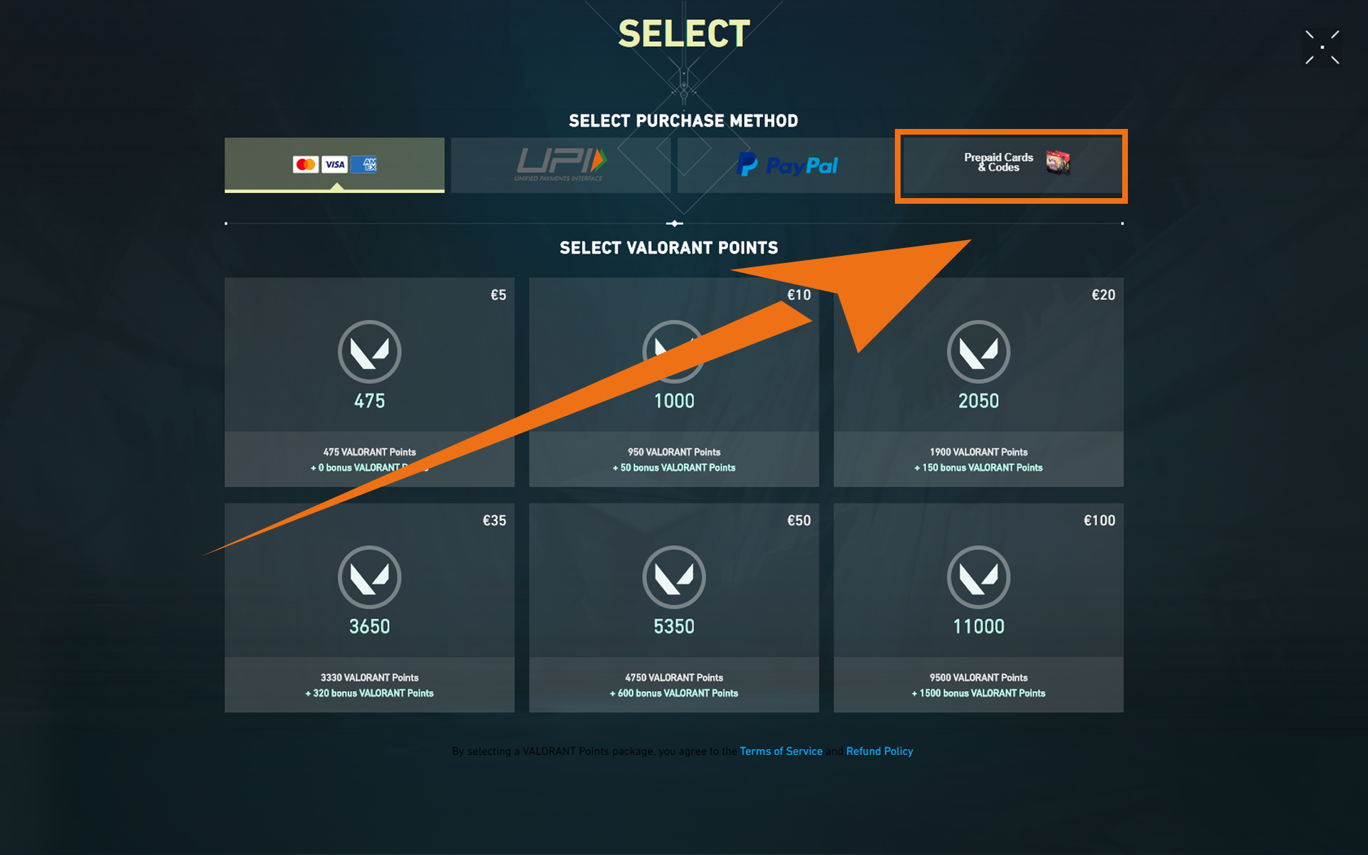 Clicking the Valorant Points icon in the top right corner of the game menu