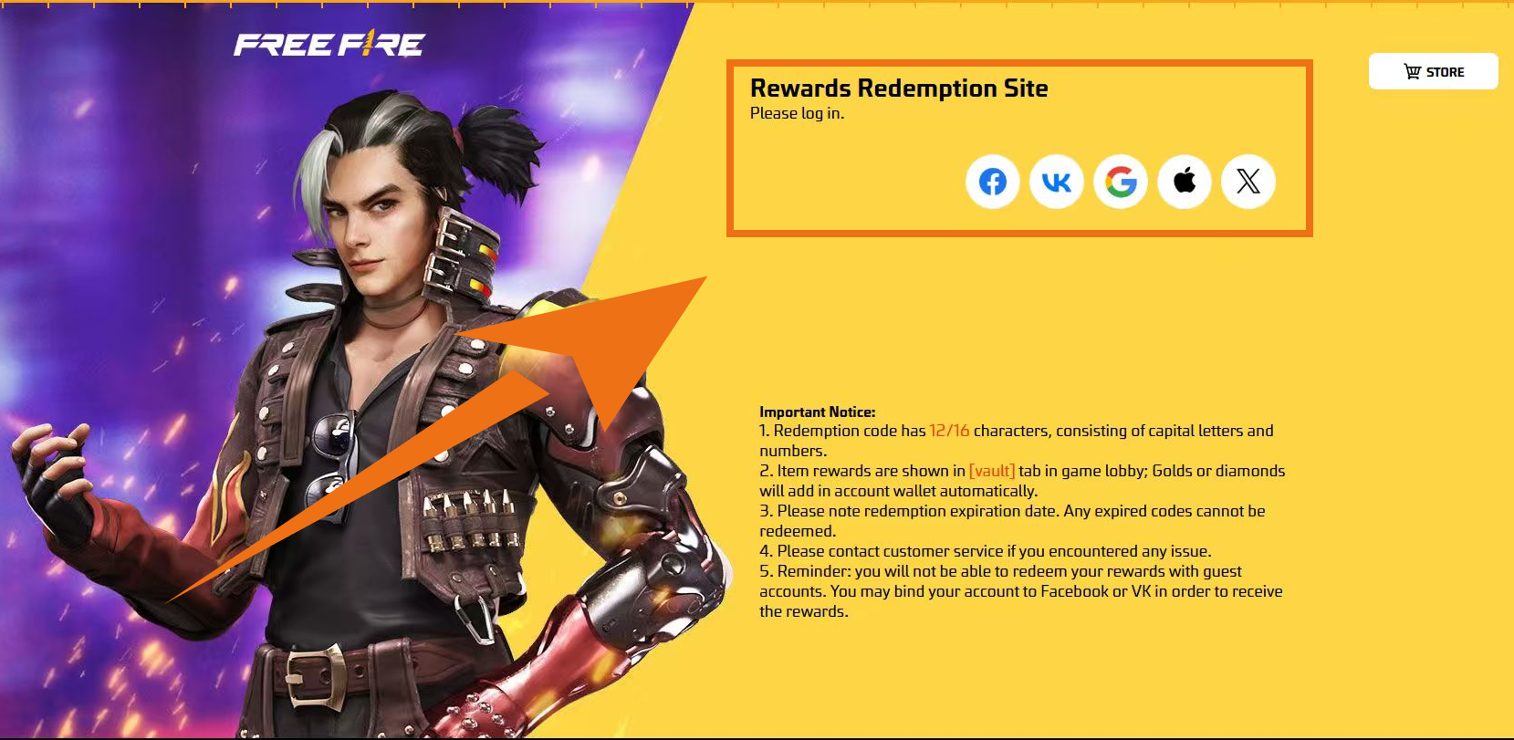 Screenshot of the Garena Free Fire Rewards site where players log in to paste their 12-character redeem codes to unlock loot.