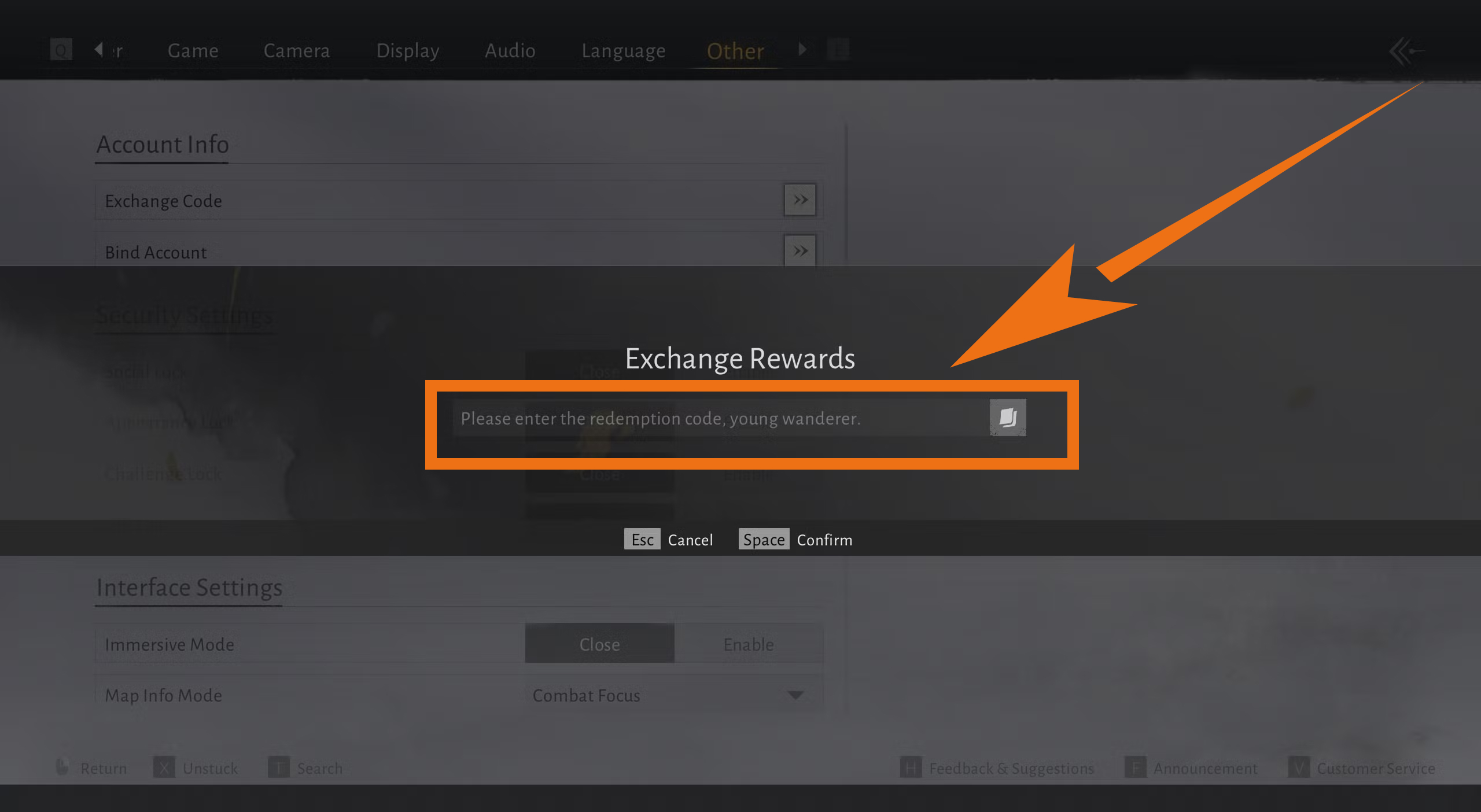 Where Winds Meet游戏内对话框屏幕截图，显示了用于输入和确认兑换码的文本框。