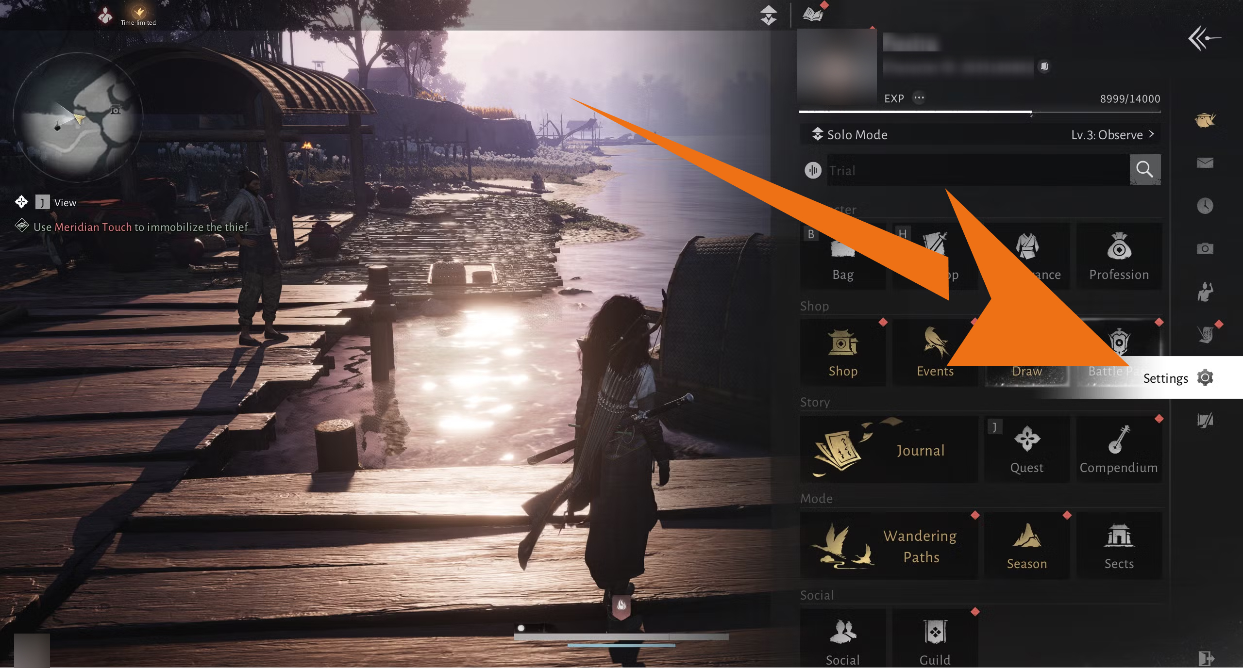 Where Winds Meet主菜单屏幕截图，高亮显示用于访问设置菜单的齿轮图标。