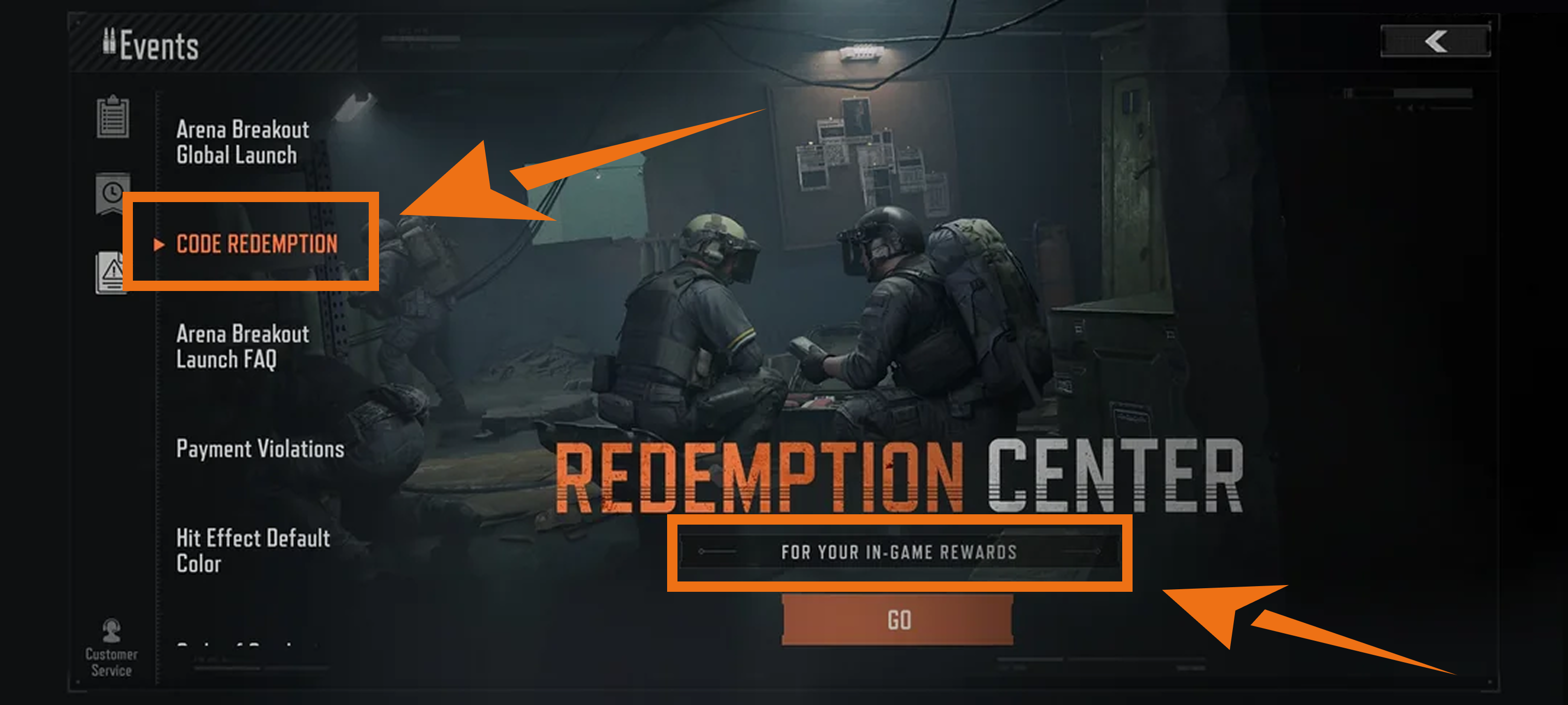 Step-by-step guide on how to enter redeem codes in the Arena Breakout in-game Redemption Center interface.