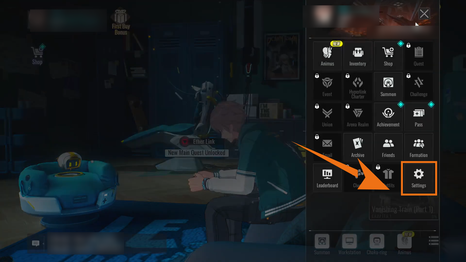 Etheria Restart settings icon location