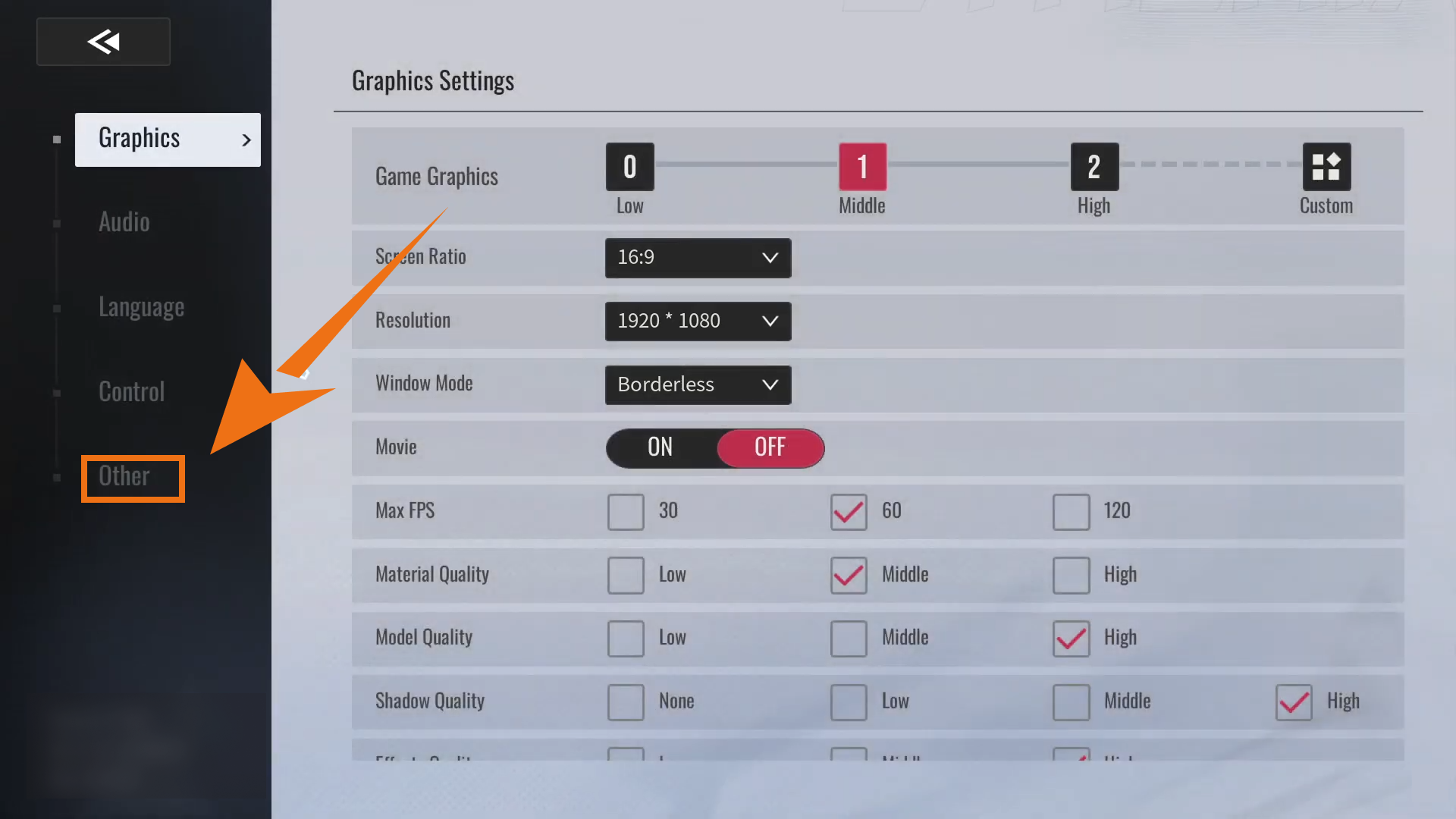 Navigate to Other tab in Etheria Restart settings
