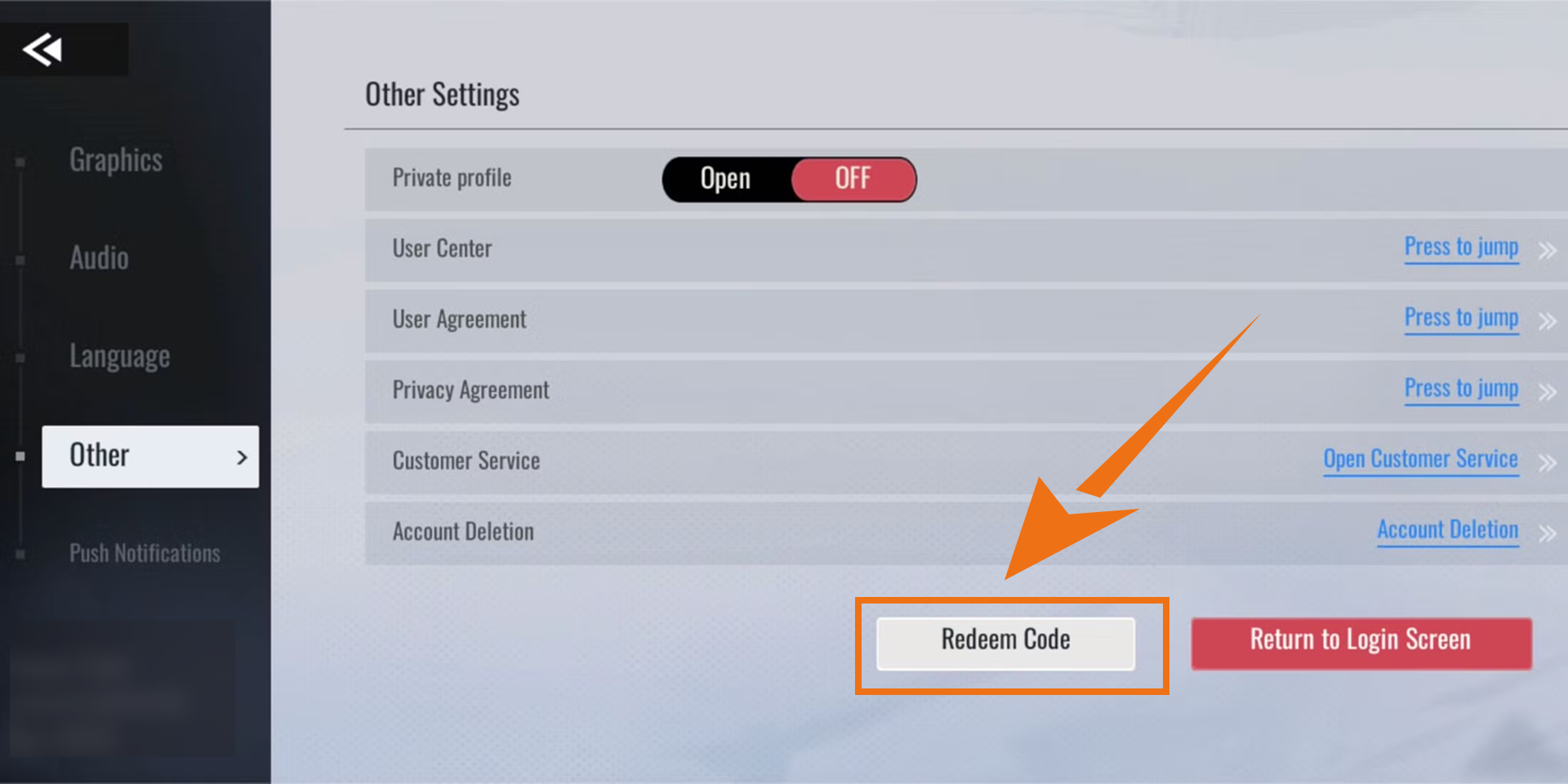 Click Redeem Code button in Etheria Restart