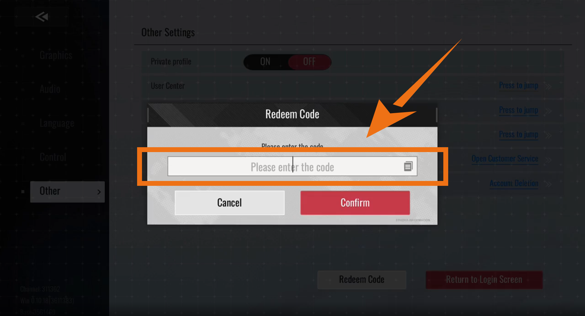 Enter gift code in Etheria Restart dialog box