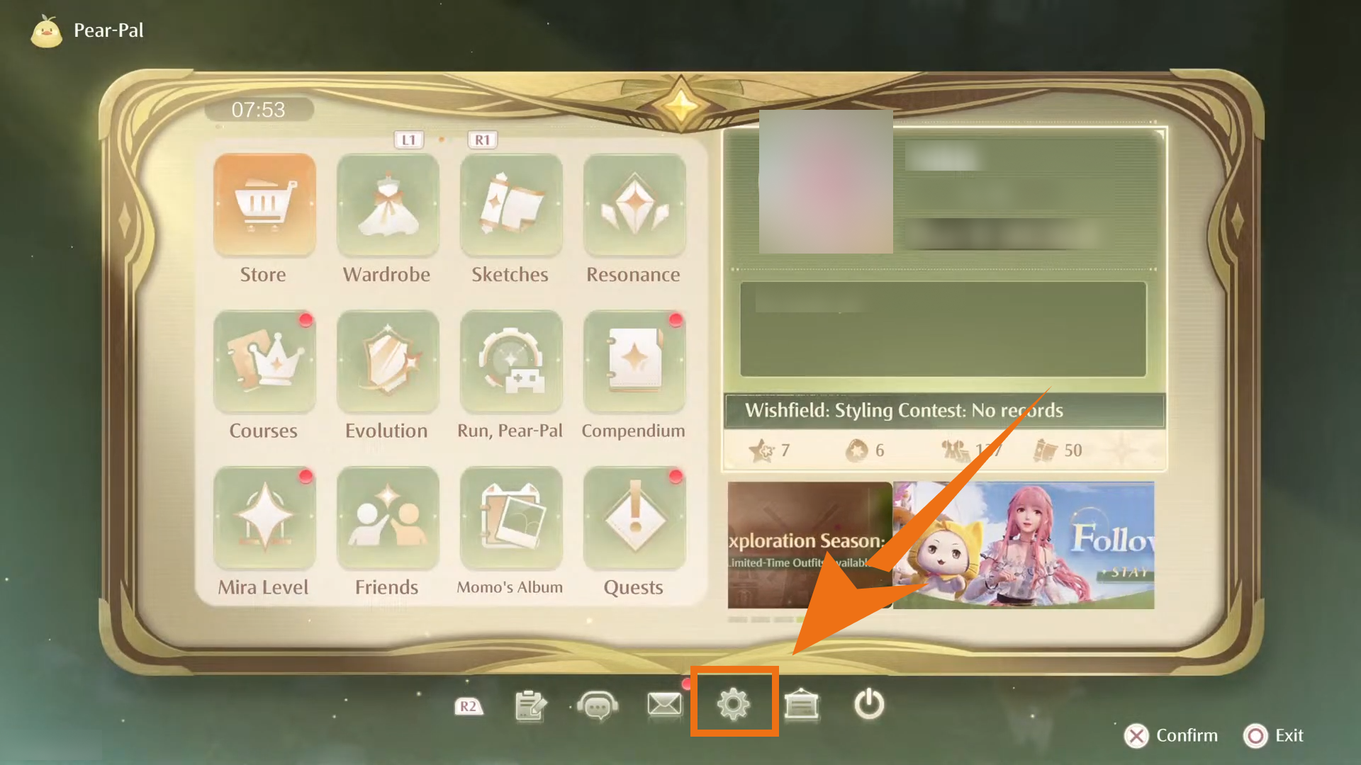 Infinity Nikki Pear Pal menu highlighting the gear icon for Settings at the bottom of the screen