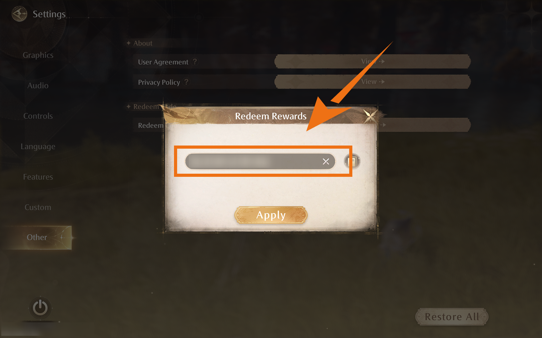Infinity Nikki settings menu showing the Apply button next to the Redeem Code option in the Other tab