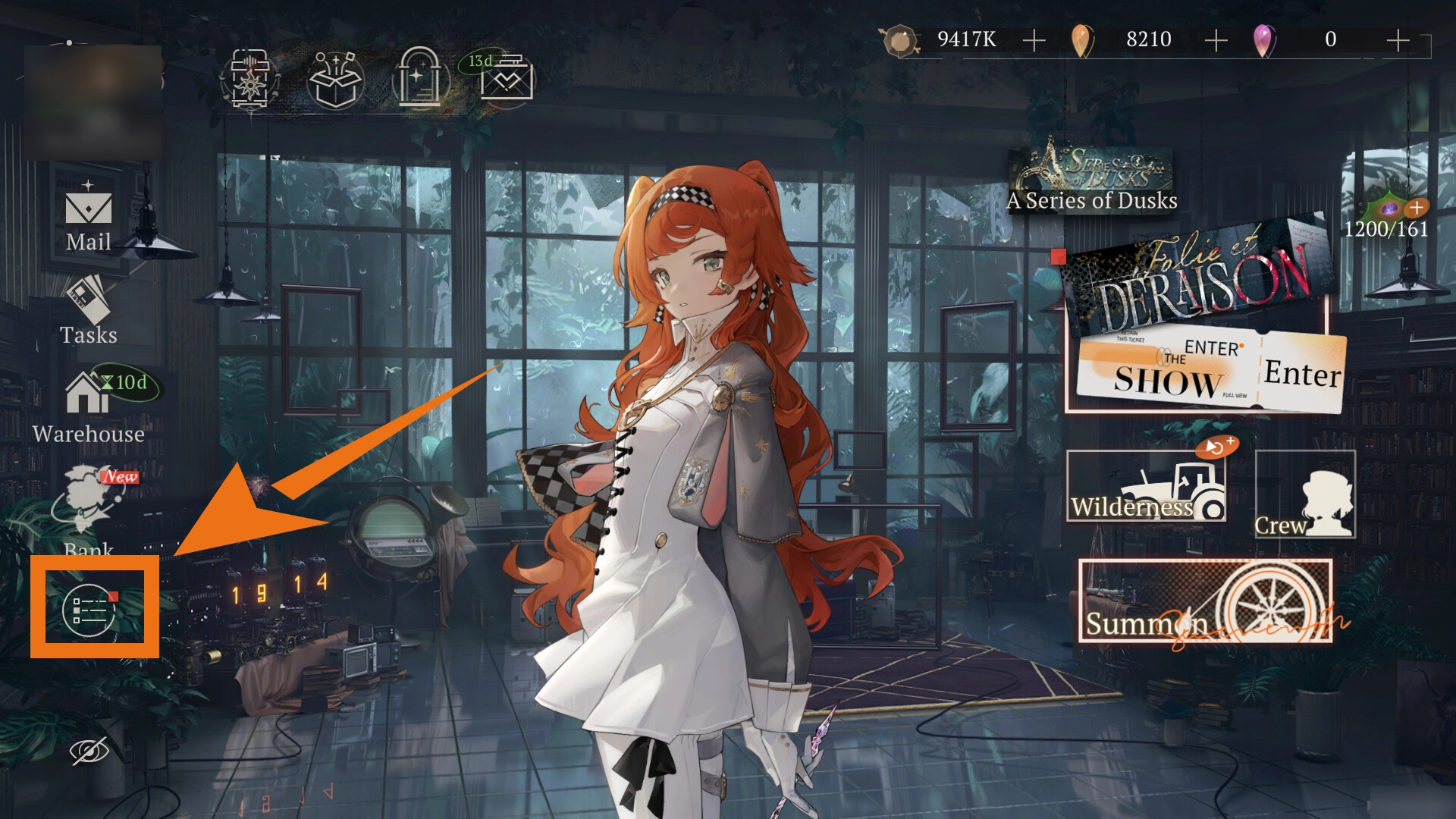 Reverse 1999 main screen highlighting the bottom-left menu icon