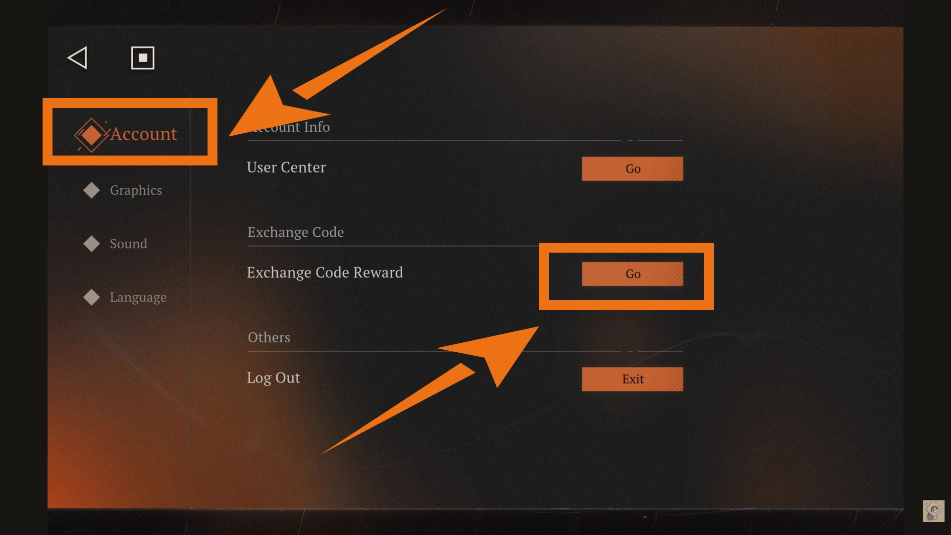 Reverse 1999 settings menu showing the Account tab and Exchange Code Reward button