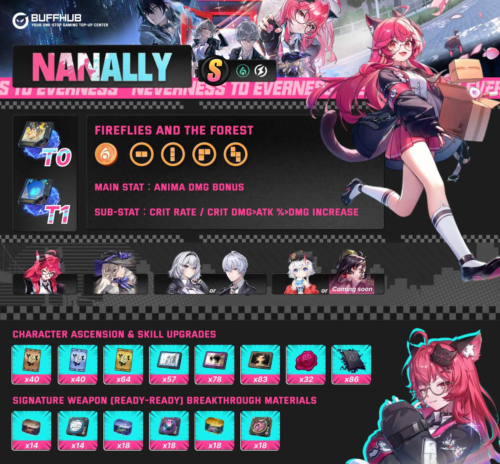 Neverness to Everness Nanally build infographic and character summary