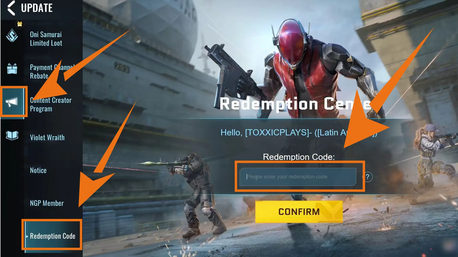 A step-by-step UI screenshot showing how to enter a redeem code in the Blood Strike Event menu.