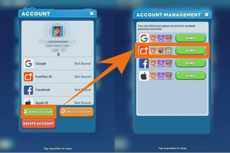 Screenshot showing how to bind your FunPlus ID in the Tiles Survive account menu