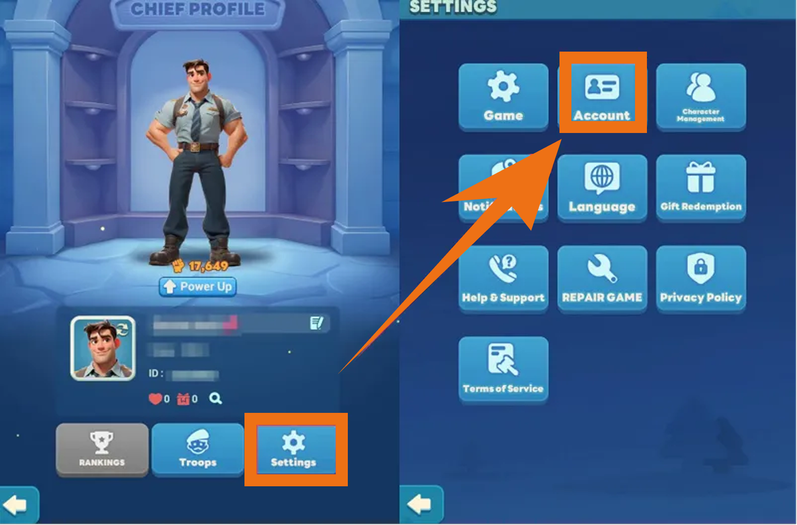 Screenshot showing how to navigate to the Account Settings menu in Tiles Survive