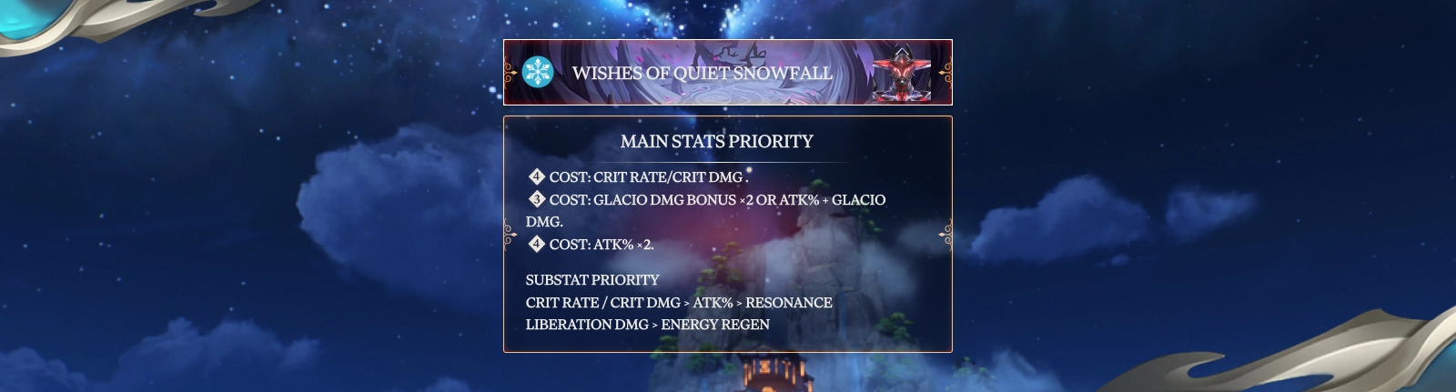 Wishes of Quiet Snowfall Echo set and recommended gear stats for Lucilla