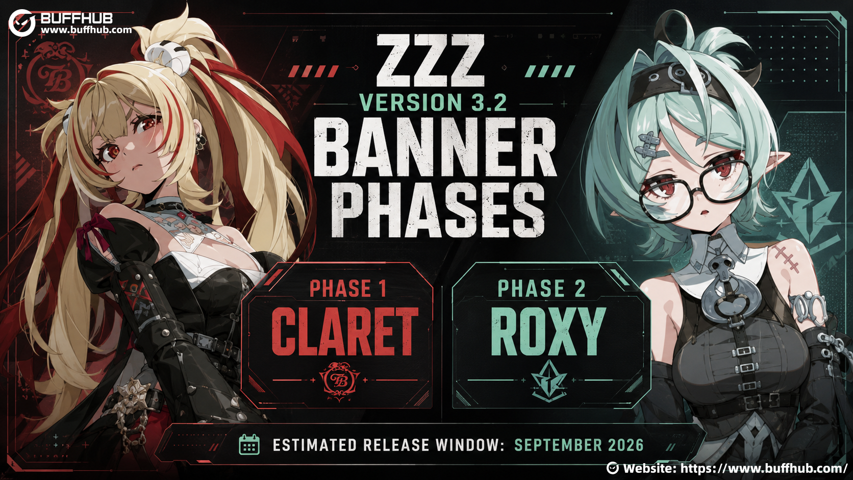 ZZZ Version 3.2 banner schedule featuring Claret and Roxy