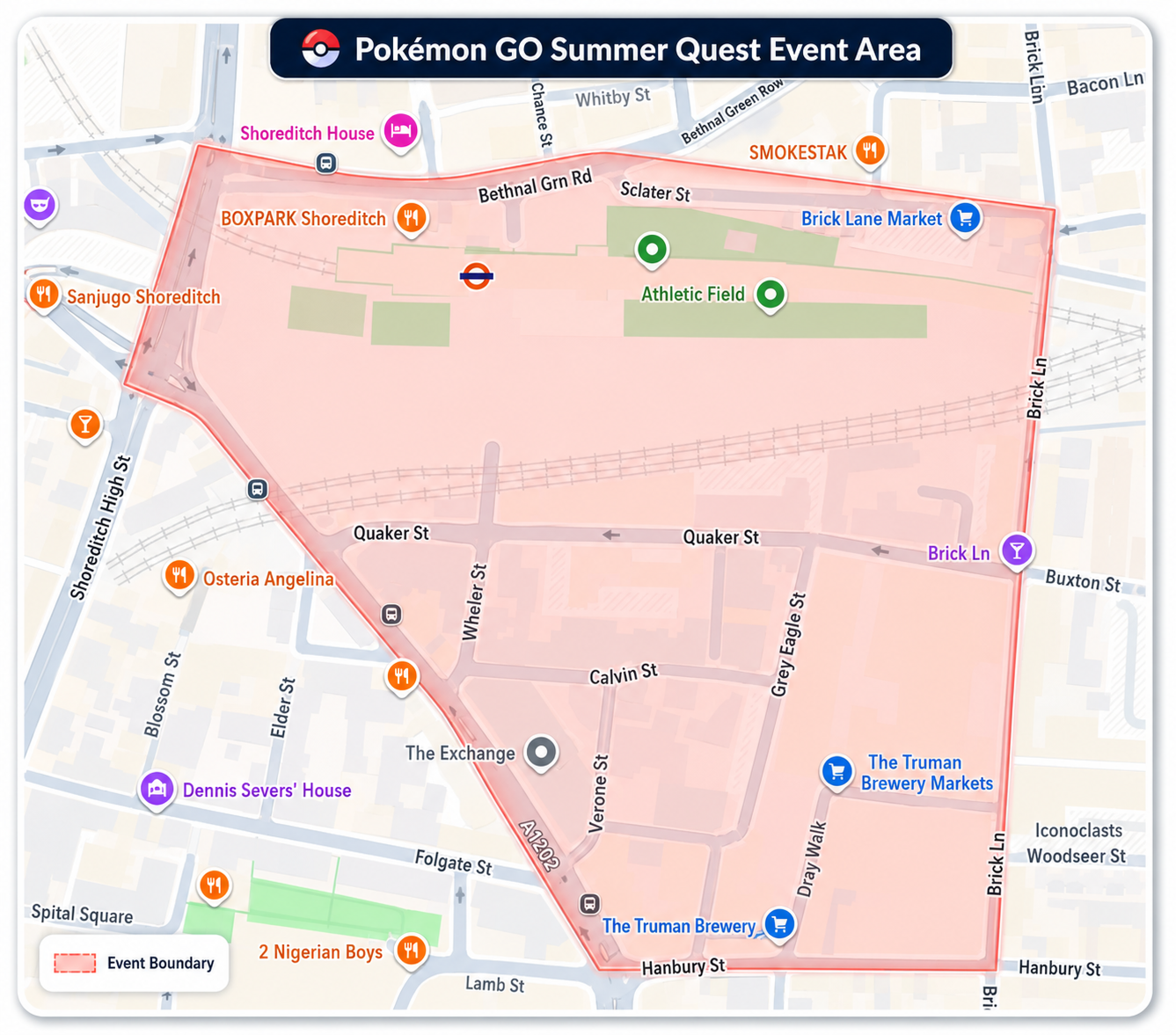 Pokémon GO Summer Quest 2026 event area map highlighting the Shoreditch boundary near The Green at Boxpark in London.