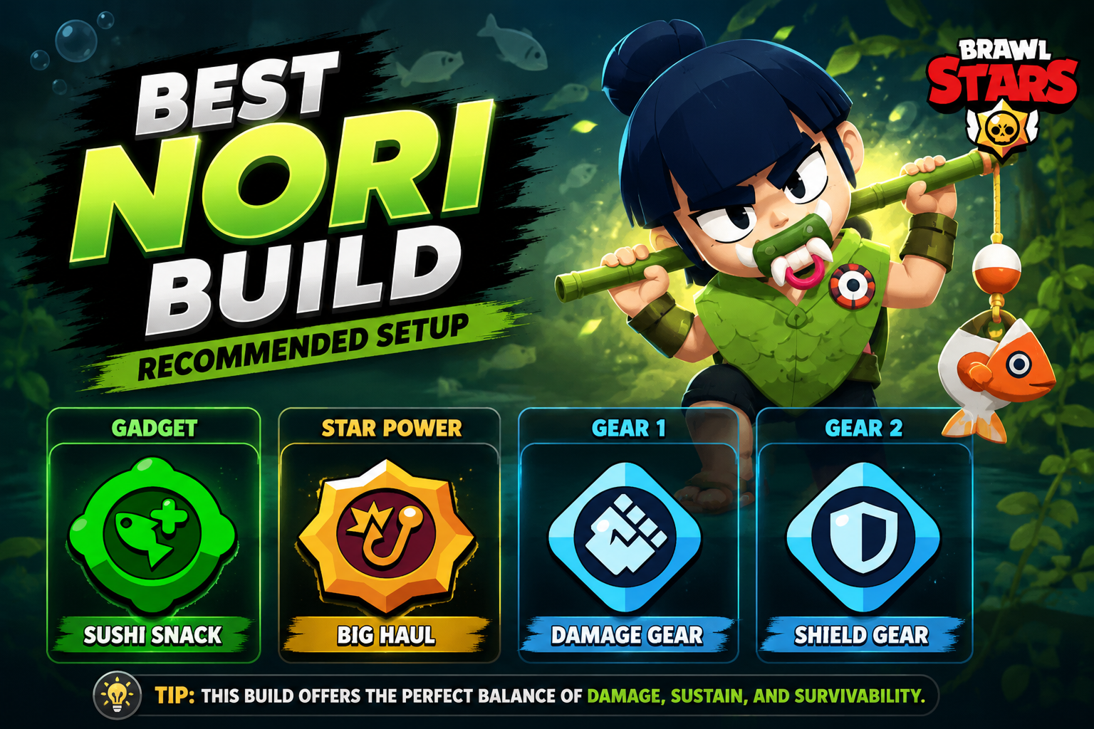 Best Nori build guide showing Sushi Snack, Big Haul, Damage Gear, and Shield Gear for Brawl Stars.