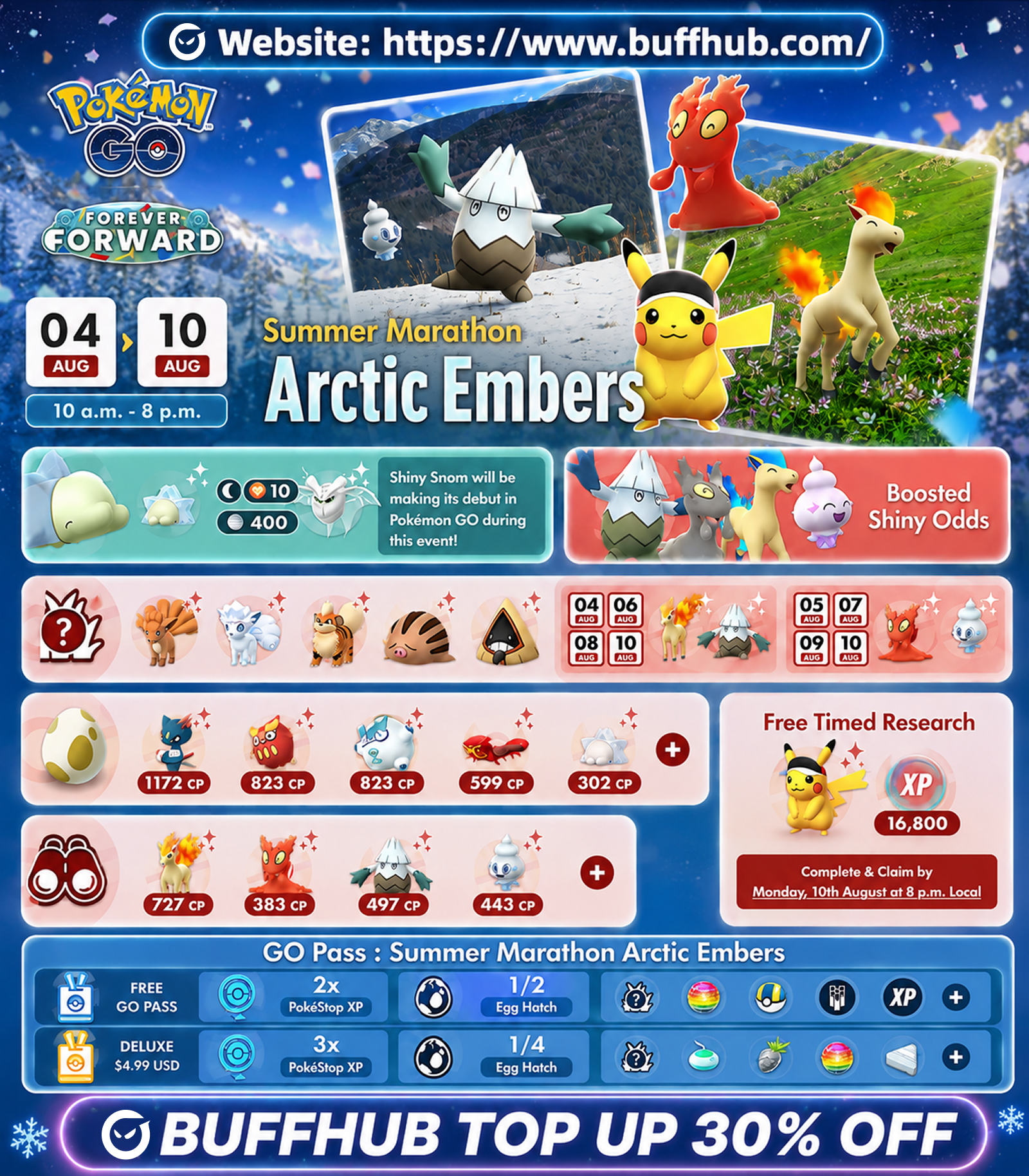 Pok&eacute;mon GO Summer Marathon Arctic Embers event guide featuring Shiny Snom, boosted Shiny Pok&eacute;mon, Timed Research rewards, and GO Pass bonuses