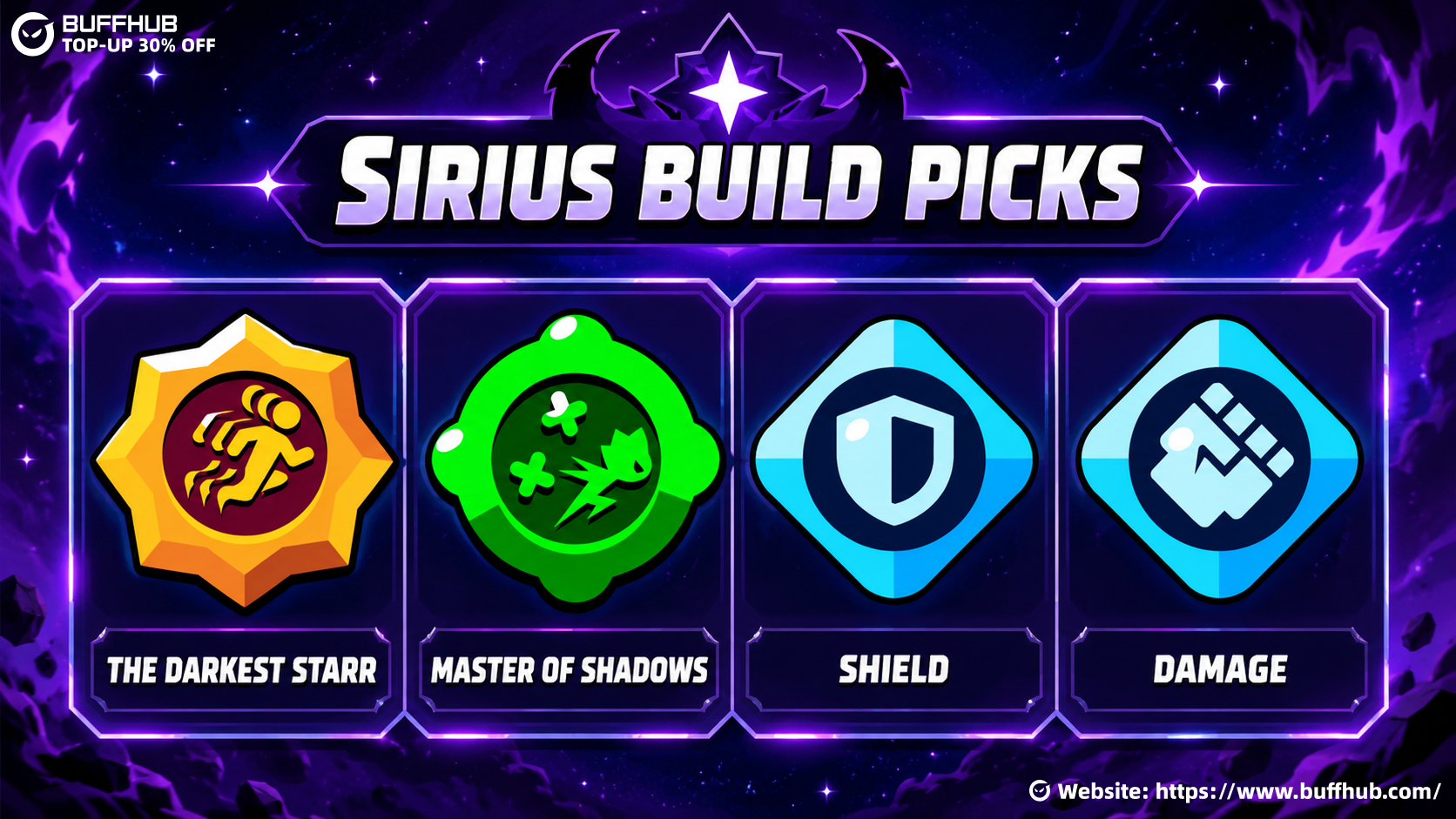 Sirius build picks in Brawl Stars featuring The Darkest Starr, Master of Shadows, Shield, and Damage.