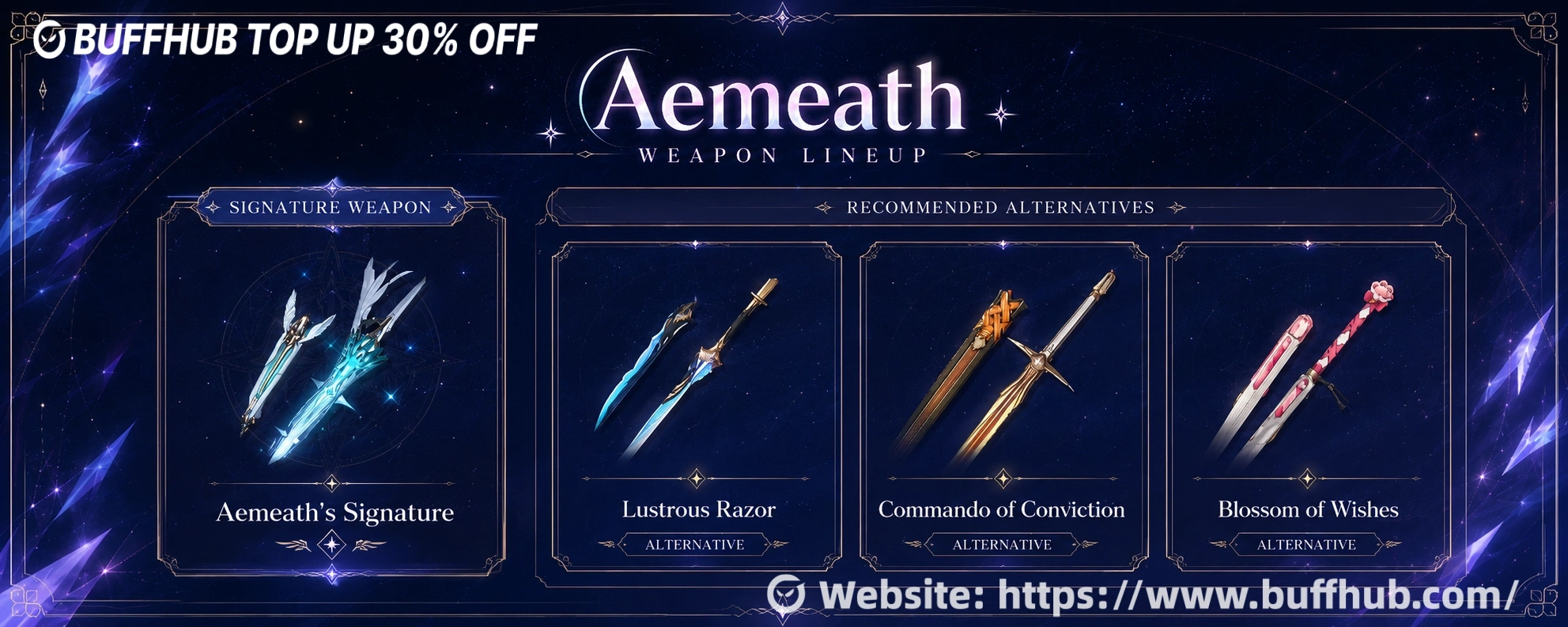 Aemeath weapon guide showcasing her signature weapon alongside strong alternative sword choices for different builds.