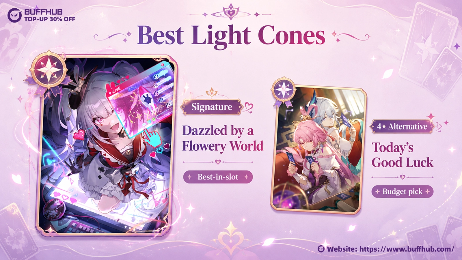 Sparxie best Light Cone guide showing her signature Light Cone Dazzled by a Flowery World as the best-in-slot choice and Today's Good Luck as a 4-star alternative in Honkai: Star Rail.