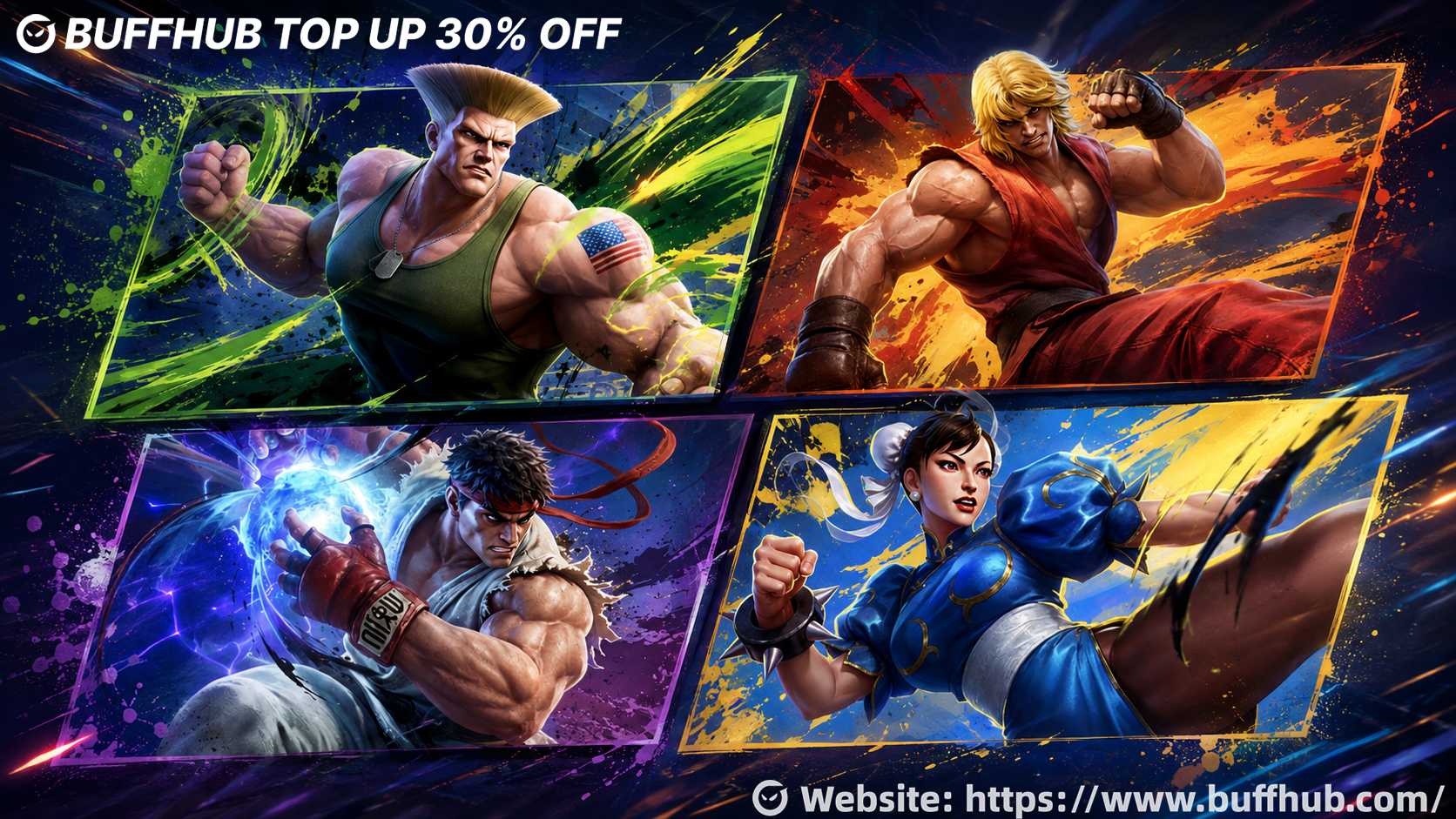 MLBB x Street Fighter 6 collaboration artwork featuring Ryu, Ken, Guile, and Chun-Li crossover skins in Mobile Legends: Bang Bang, showcasing the four limited-time Street Fighter event characters.