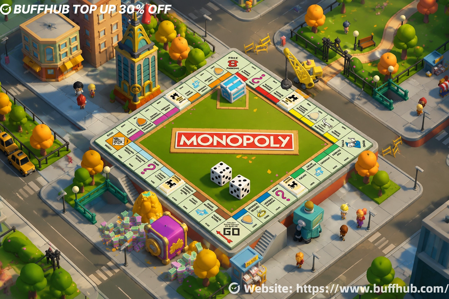 MONOPOLY GO! board game scene featuring a colorful game board, dice, landmarks, and a vibrant city environment.