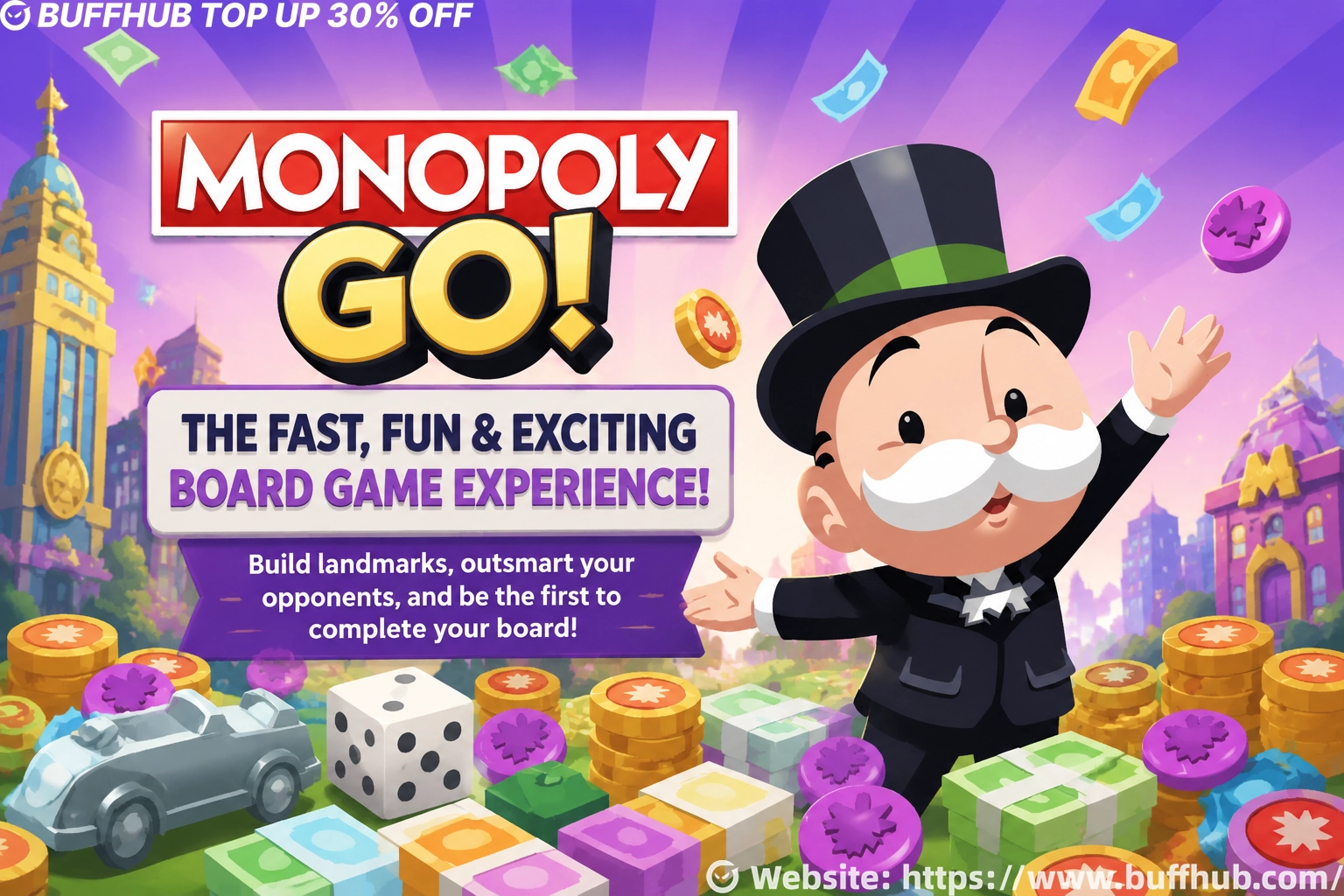 MONOPOLY GO! promotional artwork featuring Mr. Monopoly, dice, coins, colorful blocks, and a fun board game atmosphere.