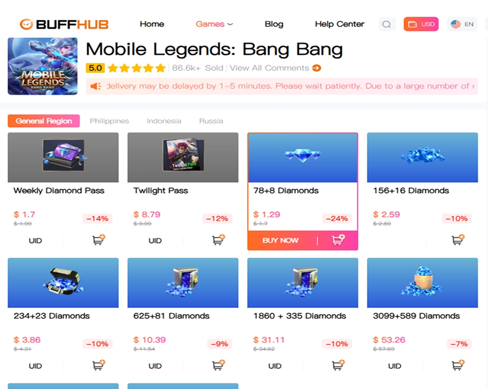 BuffHub Mobile Legends Diamond top-up page with passes and Diamond packages