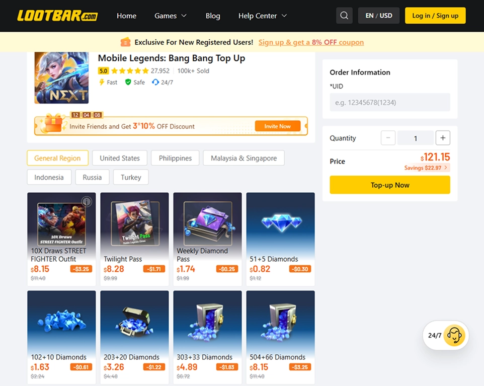 LootBar Mobile Legends top-up page with passes, Diamonds, and order form