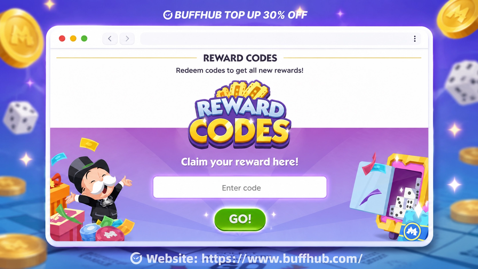 MONOPOLY GO! reward code page with BuffHub promotion.