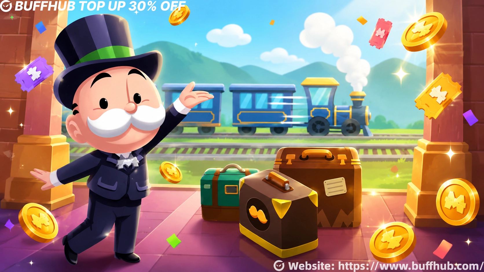 Mr. Monopoly at a train station with luggage, coins, and reward tickets.