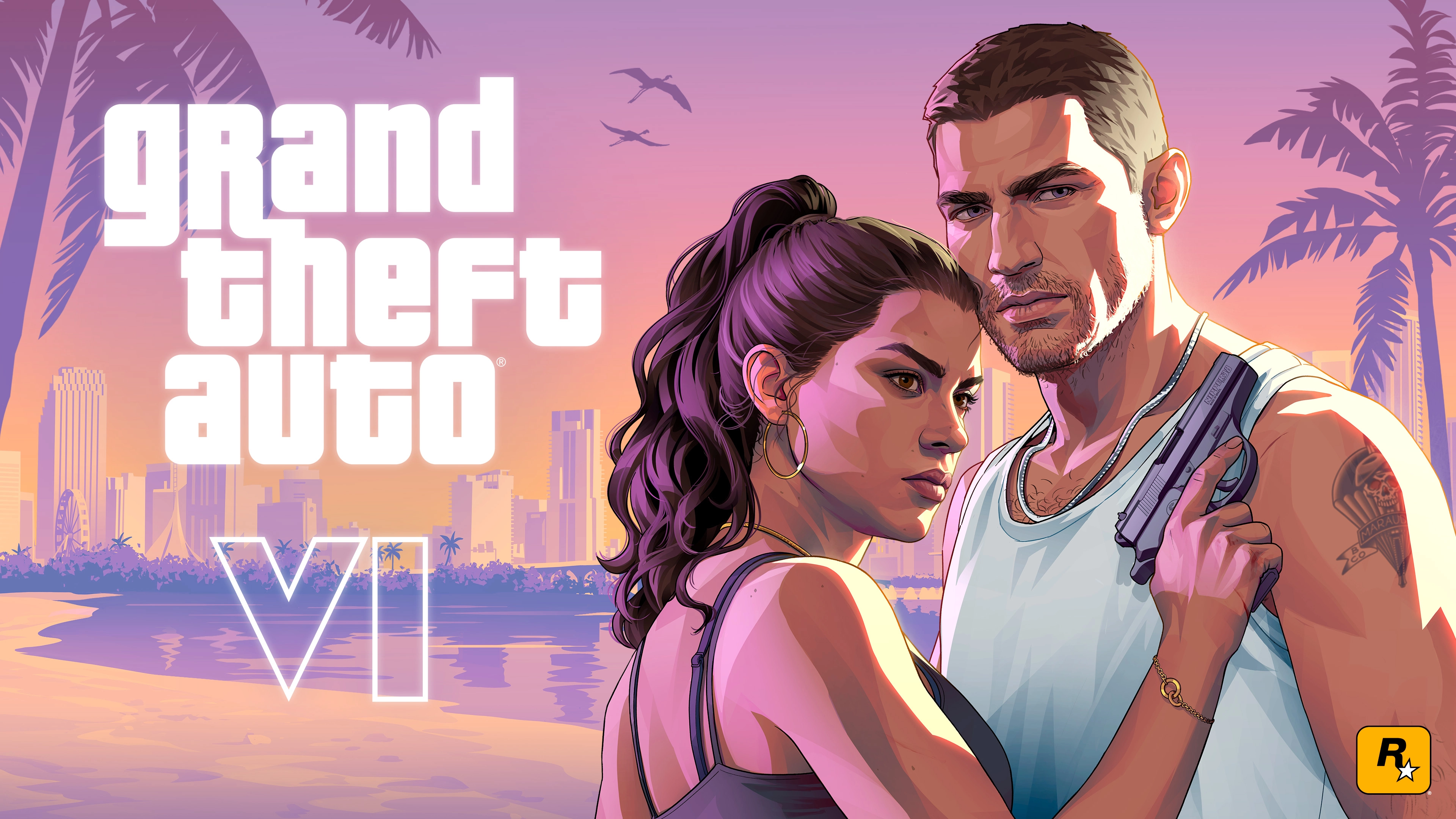 GTA 6 promotional artwork showing protagonists Lucia and Jason against the sunset skyline of Vice City with the official Grand Theft Auto VI logo.