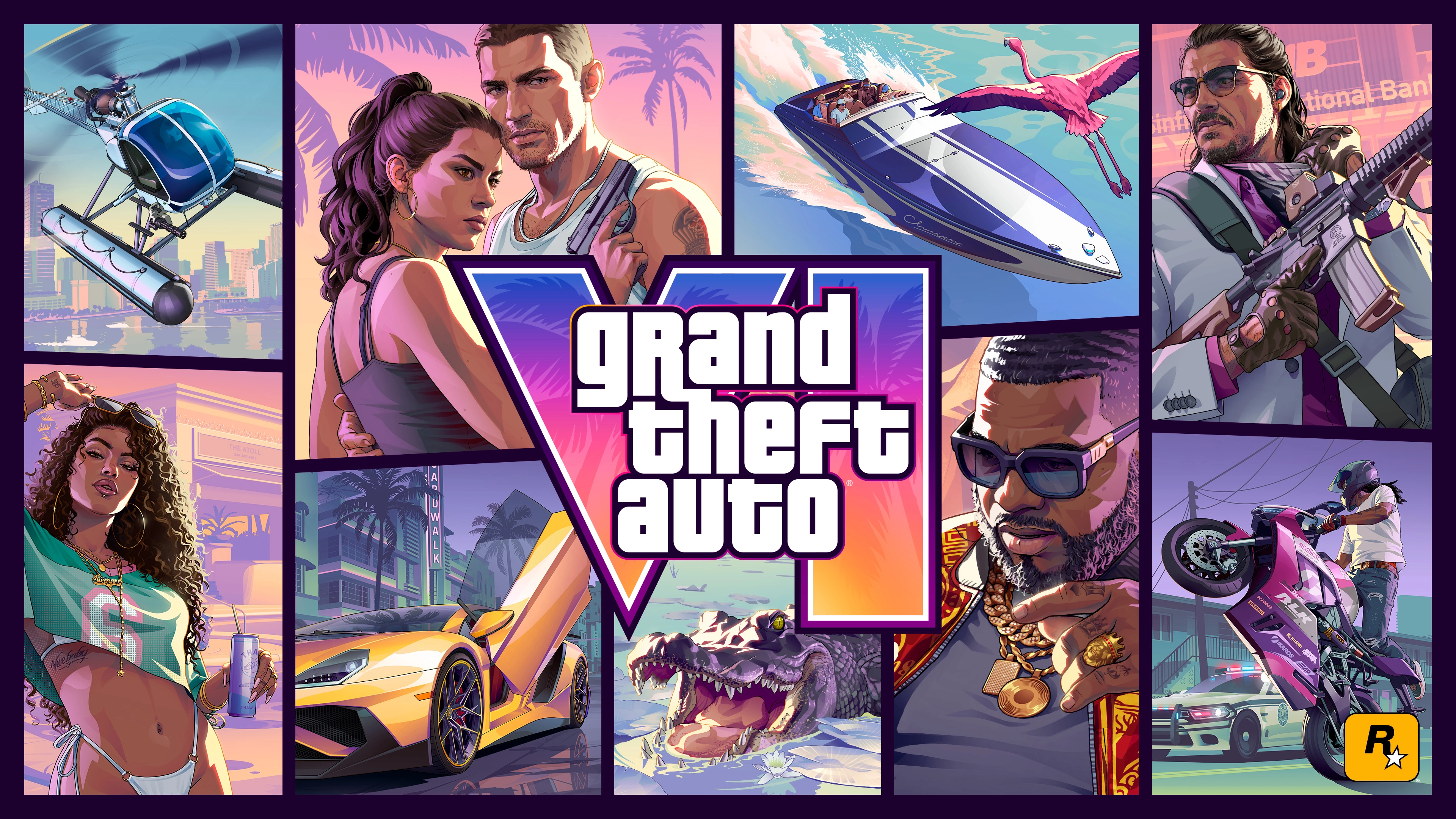 Official GTA 6 cover art featuring Lucia, Jason, Vice City vehicles, wildlife, and criminal characters across the vibrant open world of Leonida.
