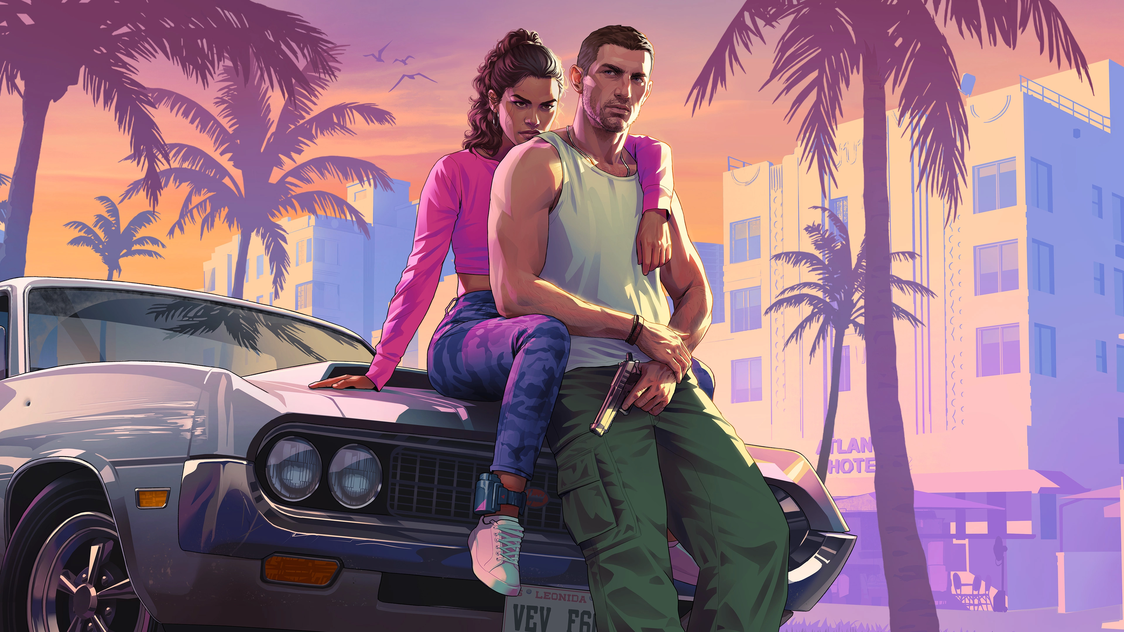 Lucia and Jason pose beside a classic car in Vice City, highlighting GTA 6&rsquo;s crime-focused story and tropical Leonida setting.