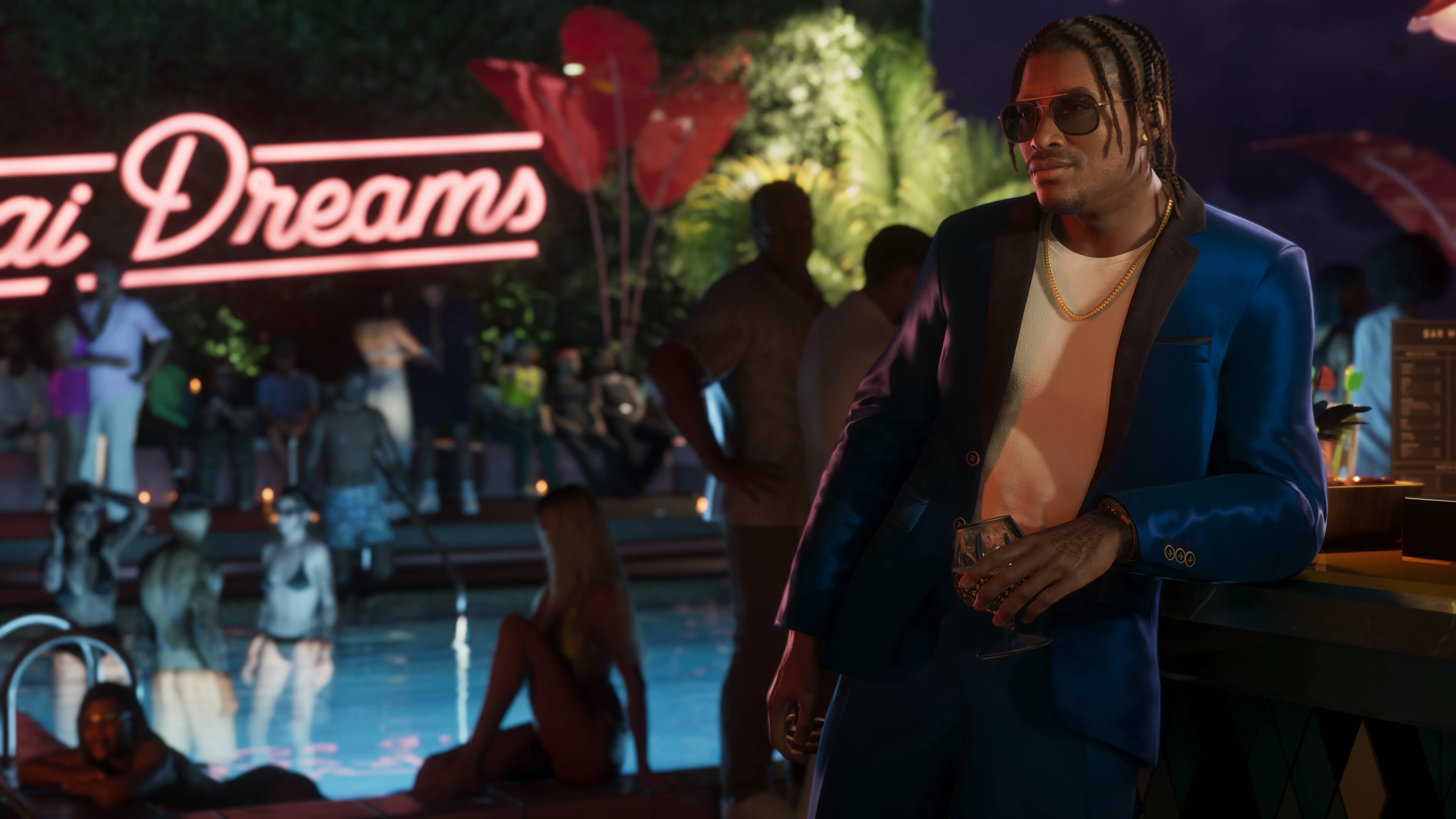 GTA 6 character Dre’Quan Priest poses at a luxury Vice City pool party beside the neon Tai Dreams sign.
