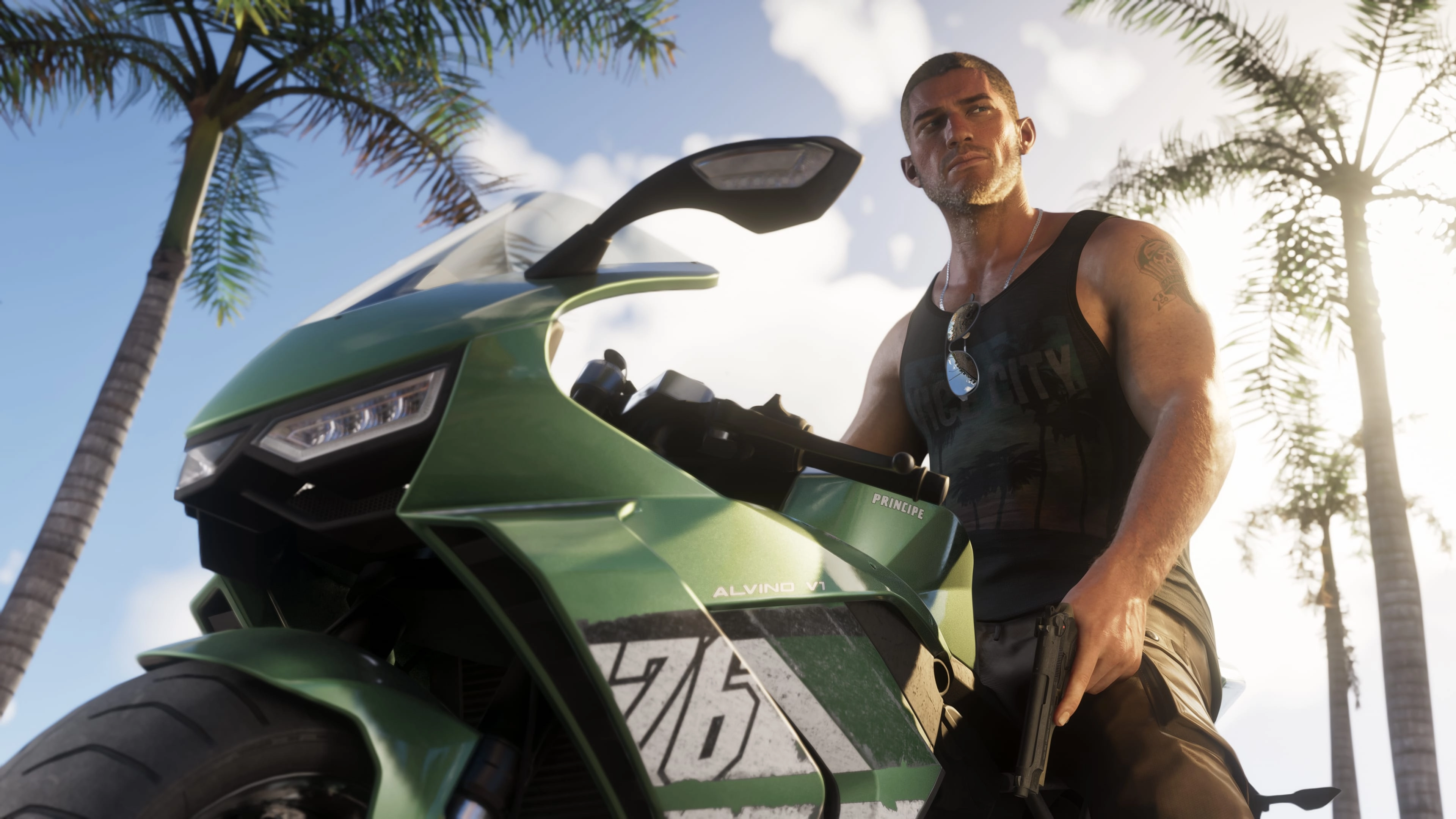 GTA 6 protagonist Jason Duval stands beside a green sports motorcycle while holding a pistol in sunny Leonida.