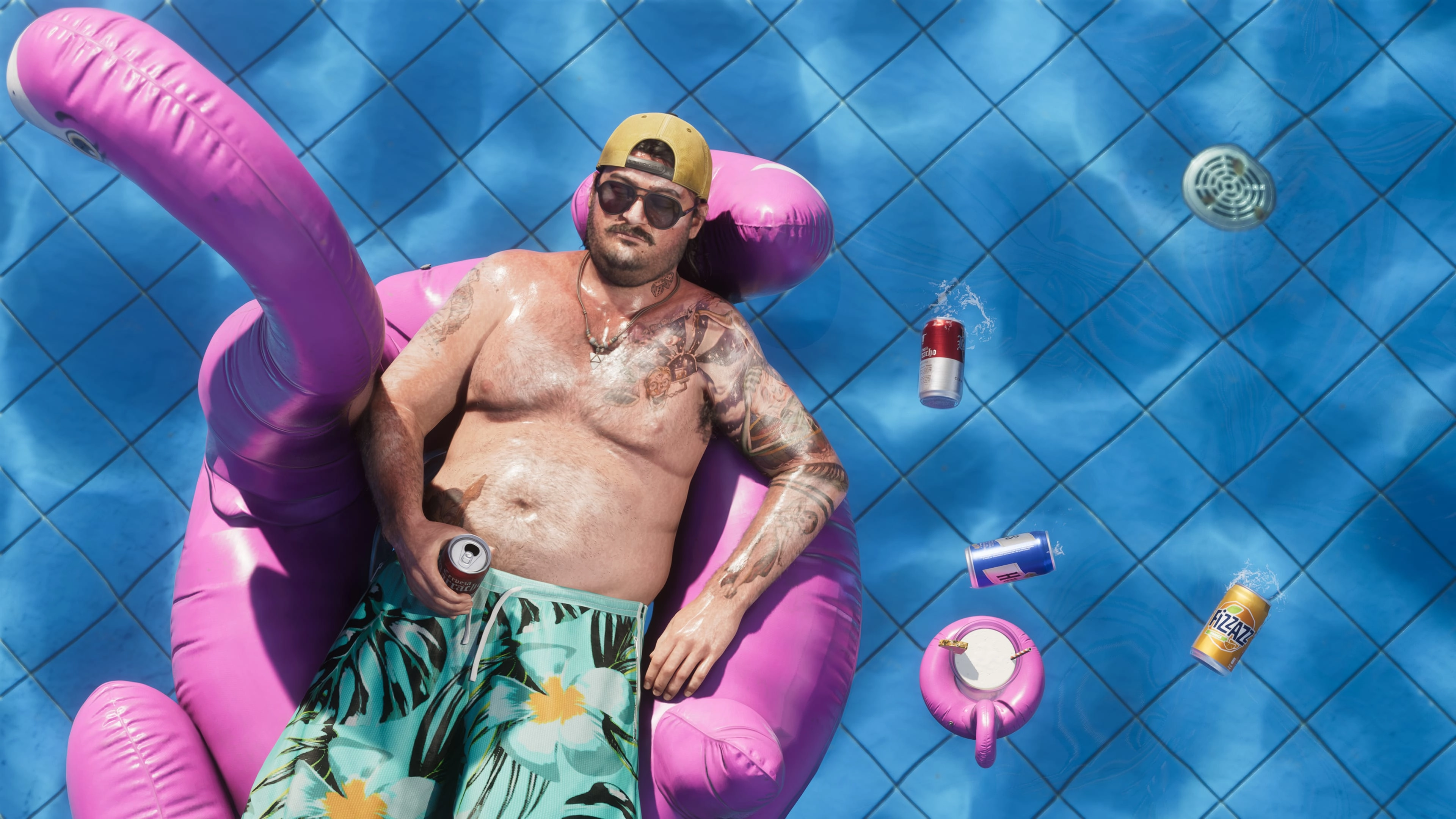 GTA 6 character Cal Hampton relaxes in a swimming pool on a pink inflatable flamingo surrounded by drink cans.