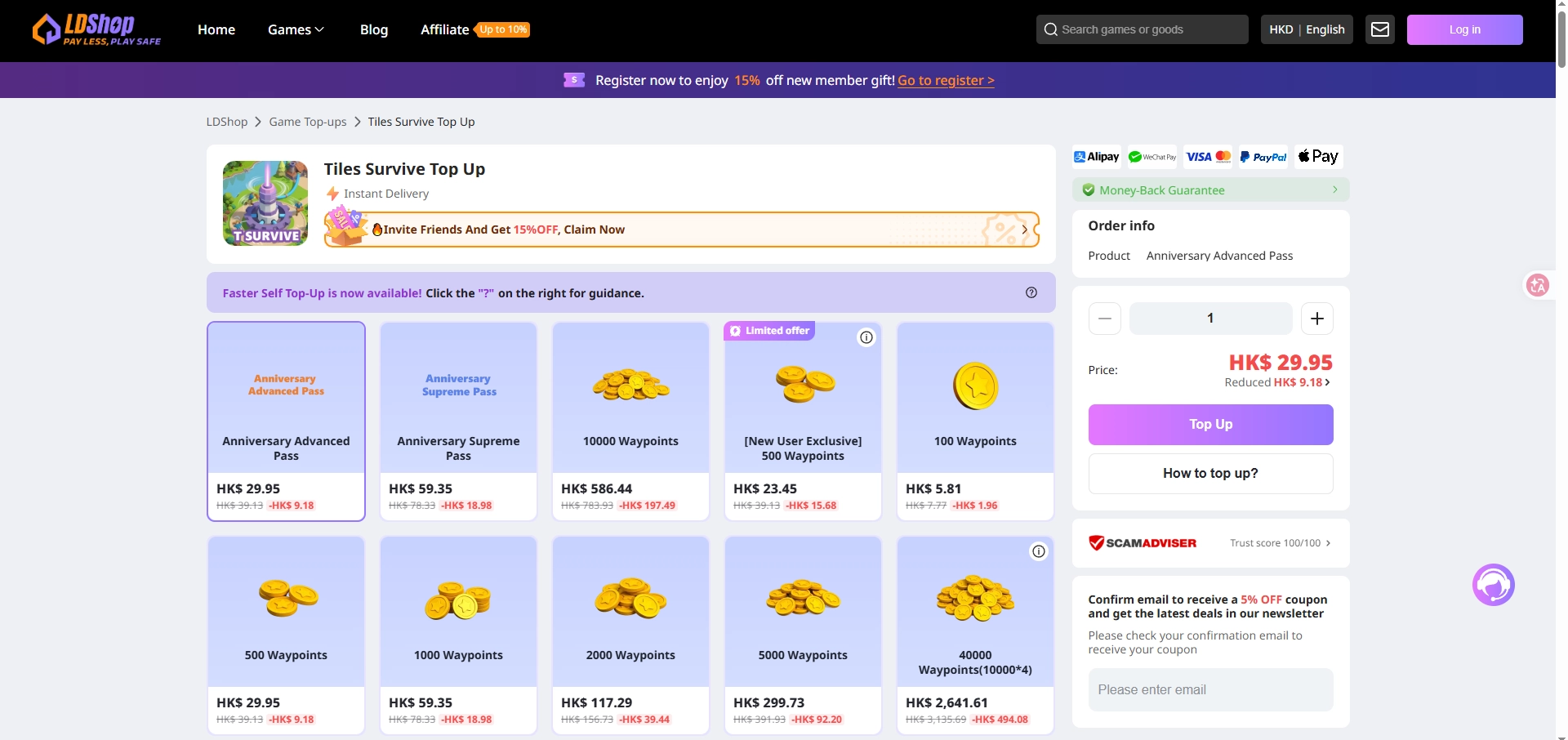LDShop Tiles Survive top up page featuring Waypoints bundles, game packs, promotional discounts, and online payment options.