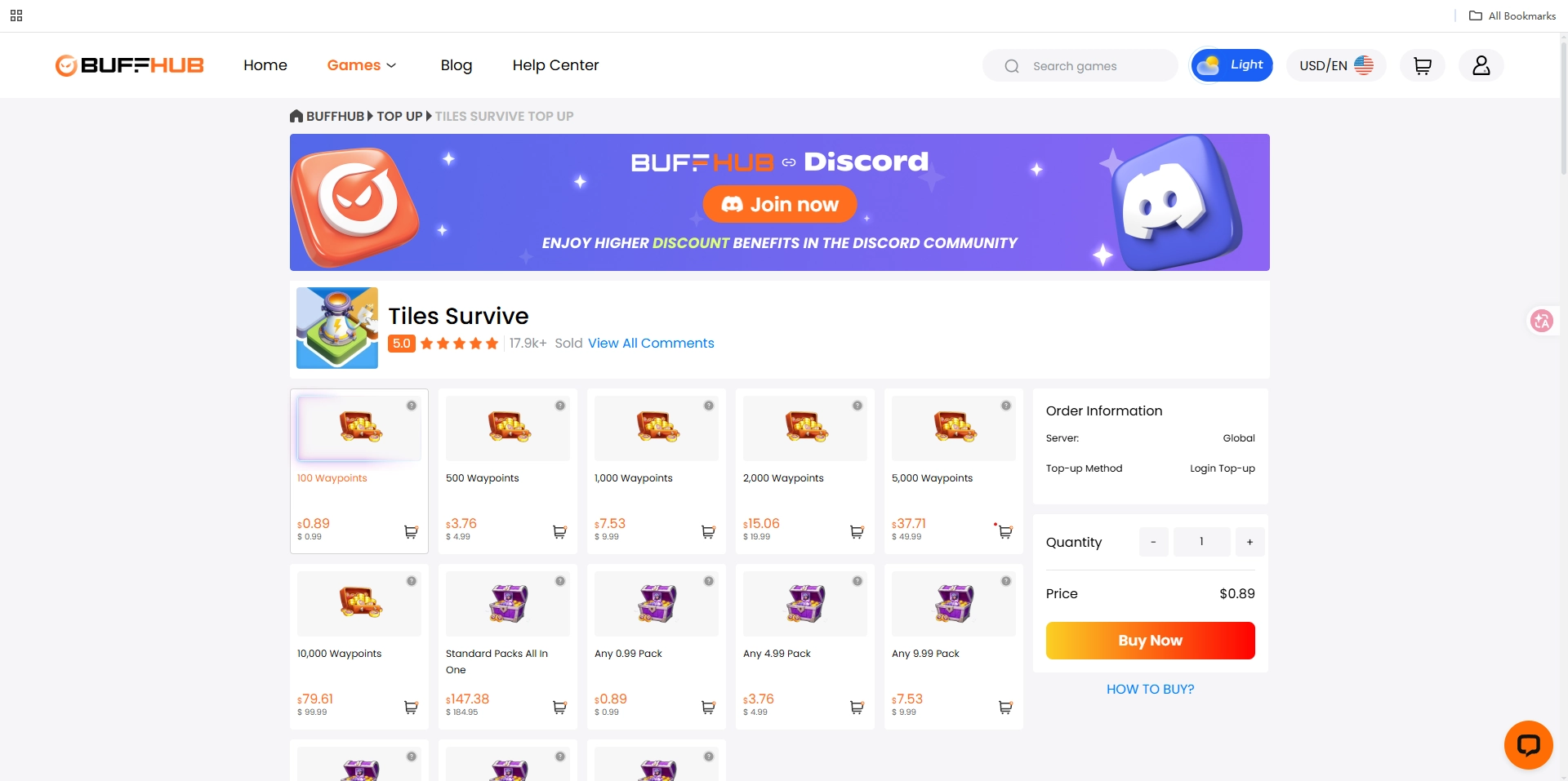 BuffHub Tiles Survive top up page showing Waypoints packages, All-In-One bundles, product selection, and checkout information.