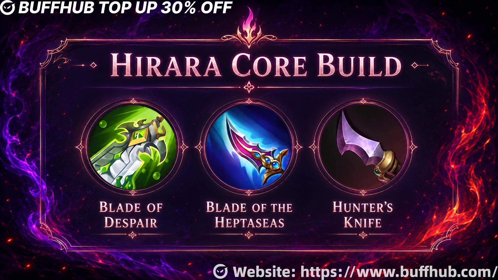 Hirara core build with Blade of Despair, Blade of the Heptaseas, and Hunter&rsquo;s Knife.