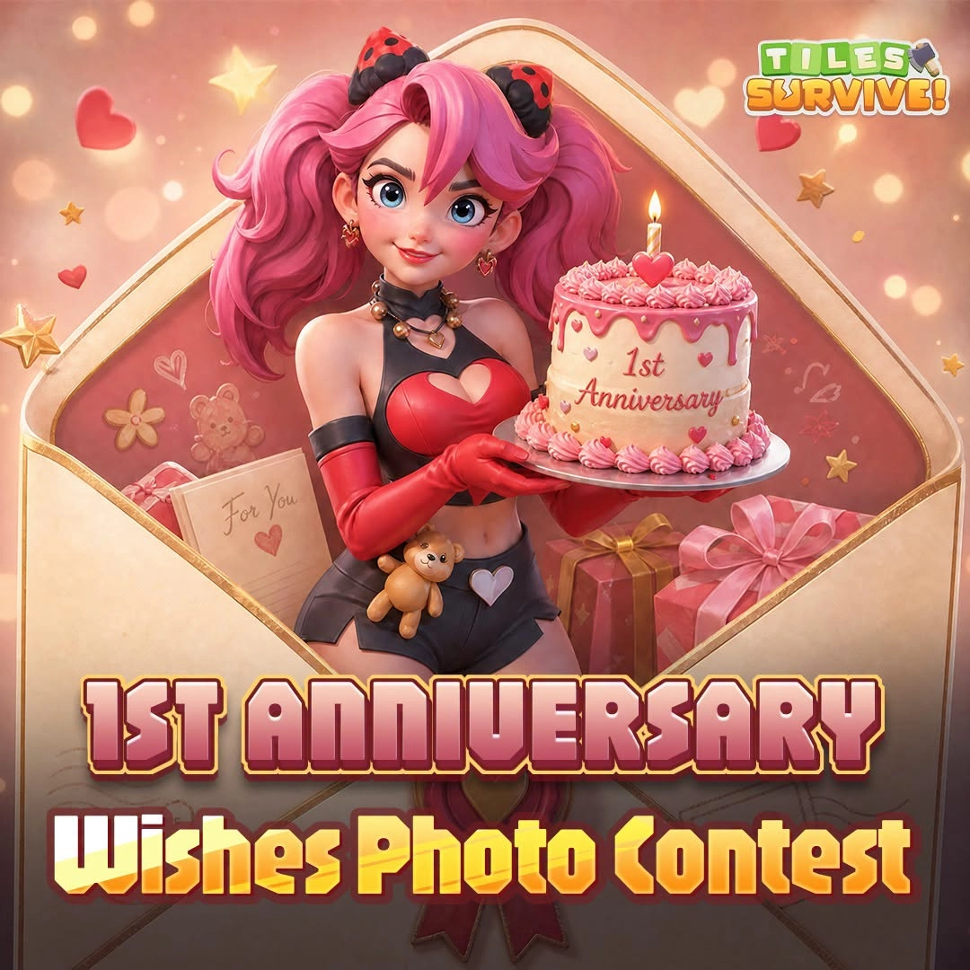 Tiles Survive 1st Anniversary Wishes Photo Contest promotional banner featuring a pink-haired character celebrating with an anniversary cake.