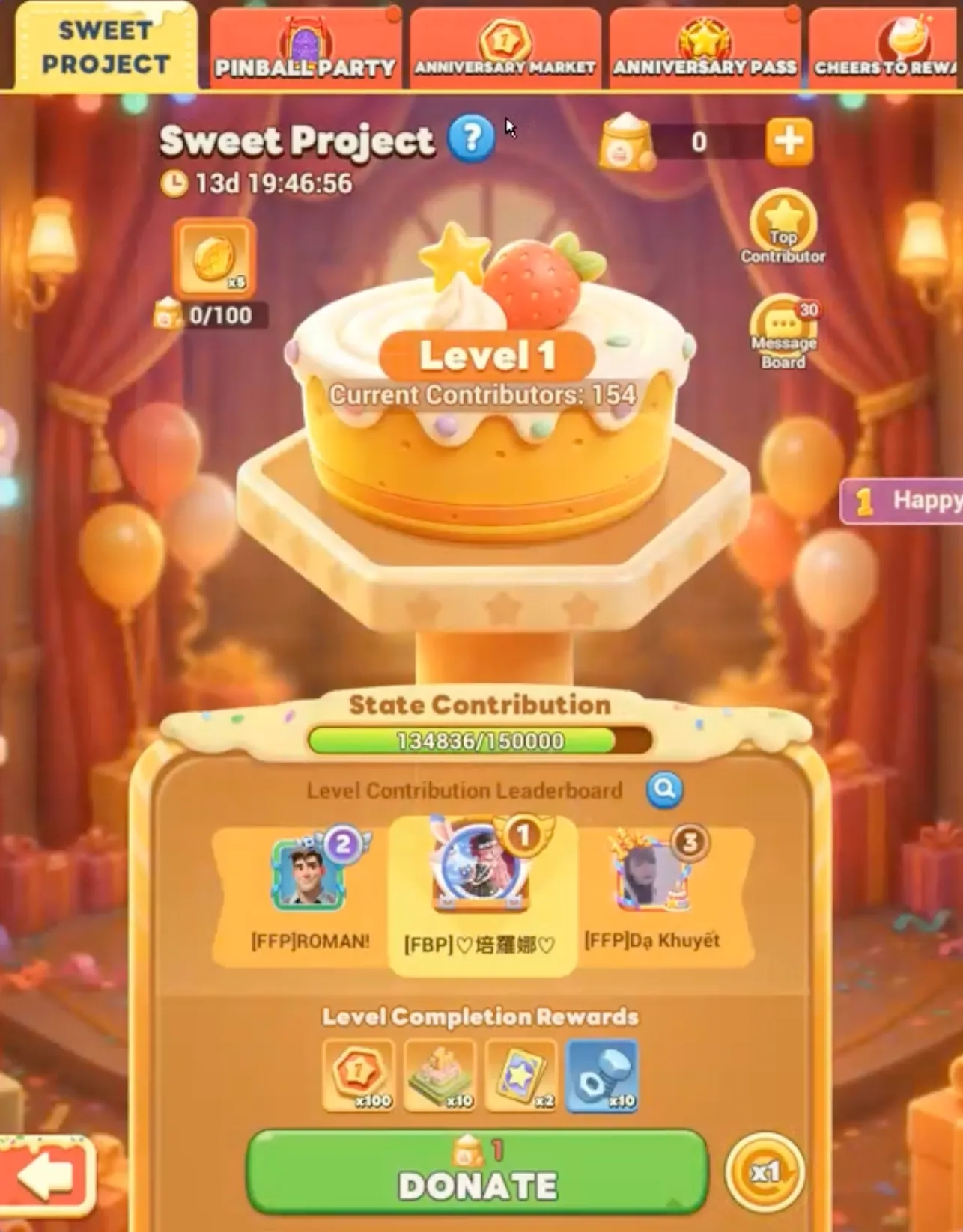 Tiles Survive Sweet Project anniversary event screen featuring the shared cake building progress, contributor rankings, and milestone rewards.