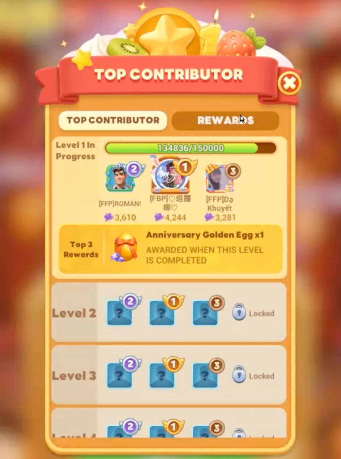 Tiles Survive Sweet Project Top Contributor leaderboard showing anniversary cake contribution rankings and Golden Egg rewards.