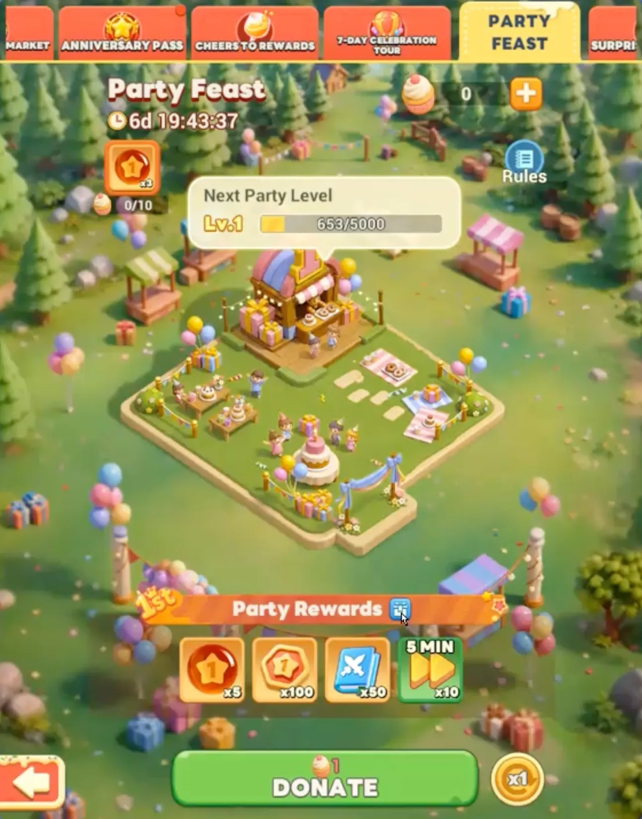 Tiles Survive First Anniversary Party Feast event interface showing party level progression, donation system, and anniversary reward milestones.