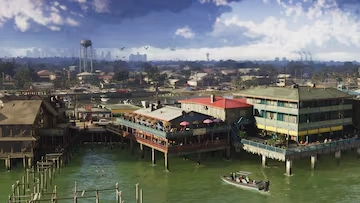A waterfront settlement and passing boat surrounded by the wetlands of GTA 6 Grassrivers.