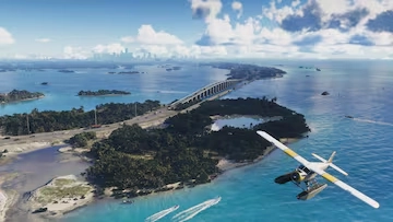 A seaplane flies over tropical islands and a long coastal bridge in the GTA 6 Leonida Keys.