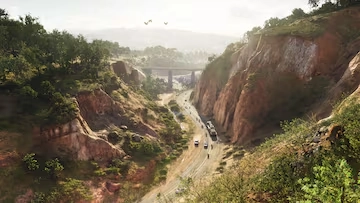 Vehicles travel through a rugged canyon road surrounded by forests in GTA 6 Mount Kalaga National Park.